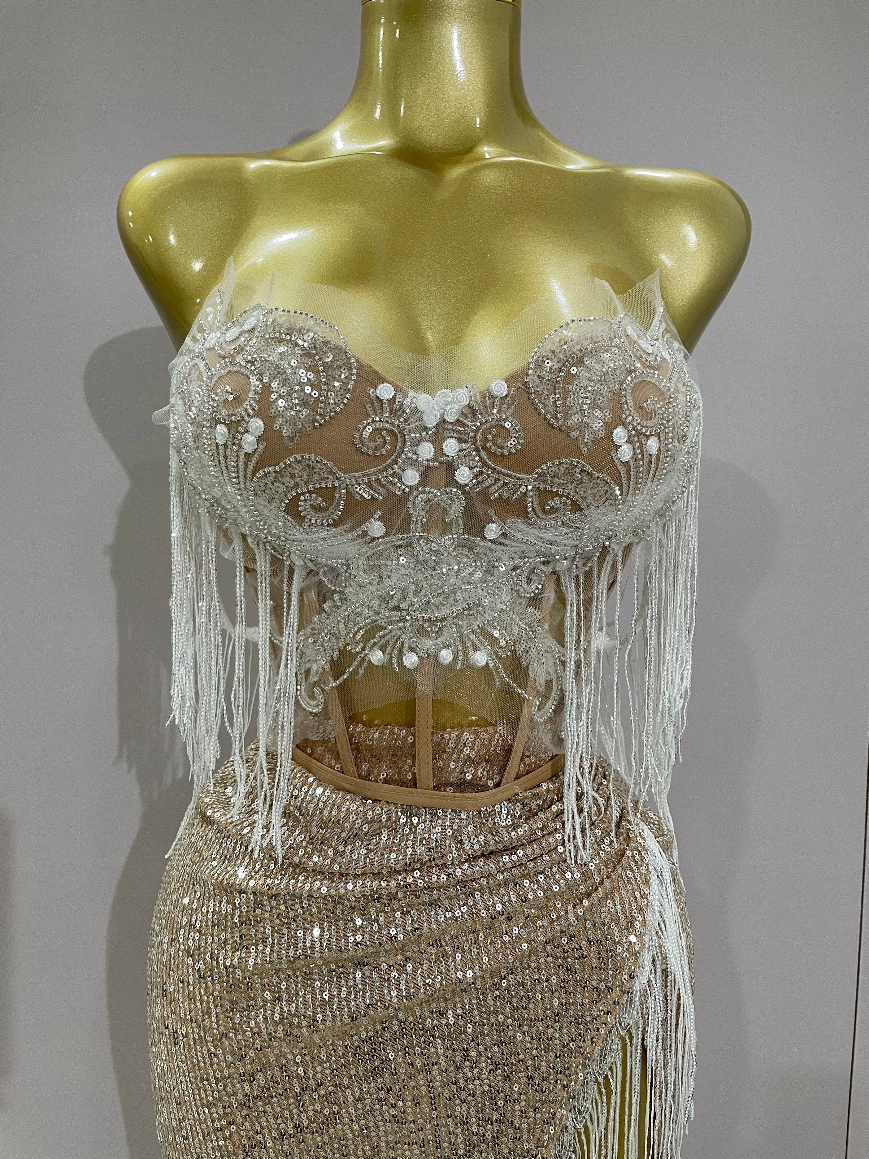 Sexy Luxury Sparkly Sequin Tassel Two Piece Set  Women Evening Party Birthday Singer Performan Costume Nightclub Girl Outfit