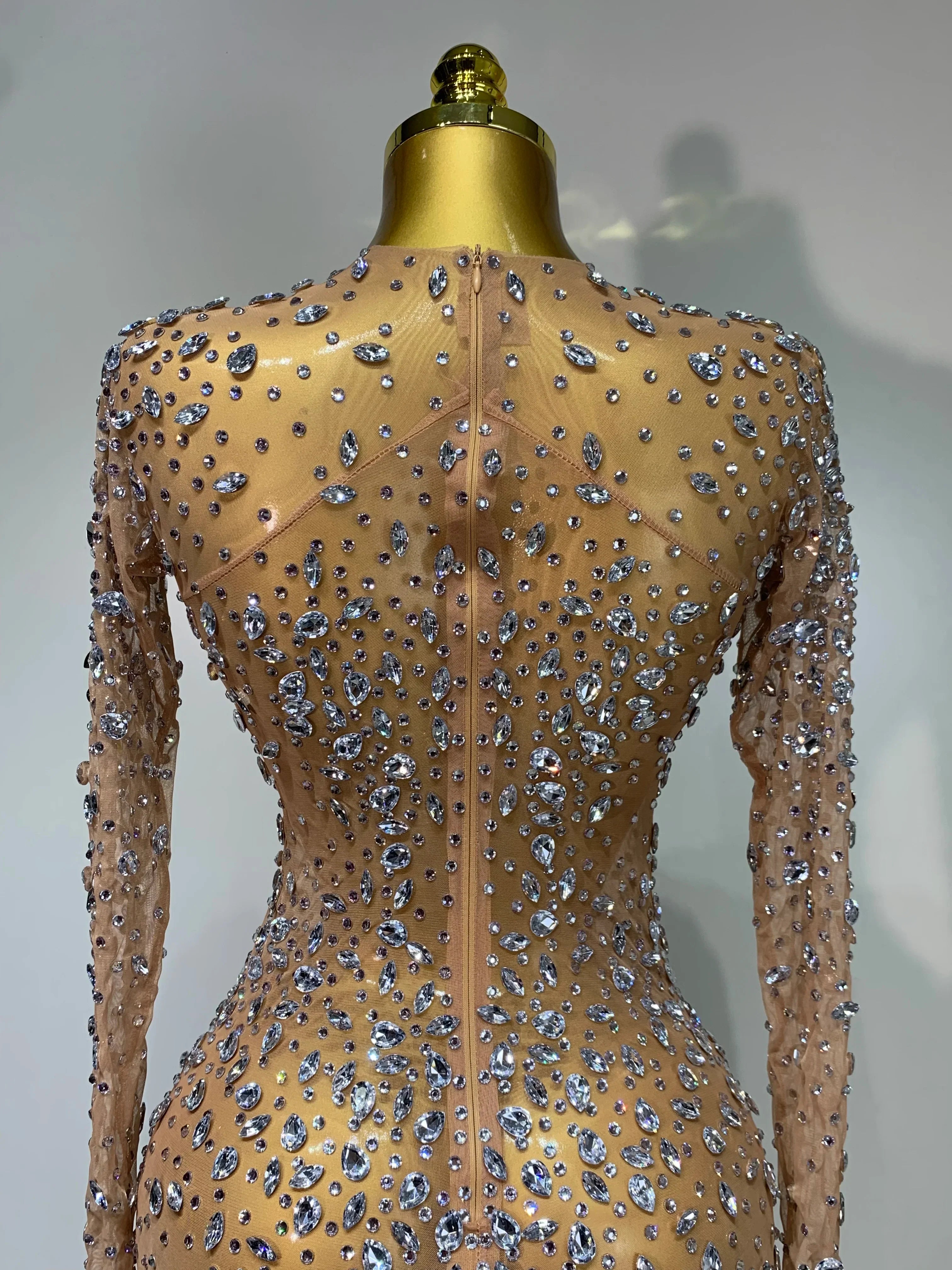 Women Sexy Long Sleeve Bodycon Dress Luxury Birthday Evening Party Glitter Rhinestones Mesh See Through Prom Gown Stage Outfit