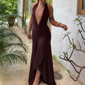 Brown Slit Deep V Prom Dress