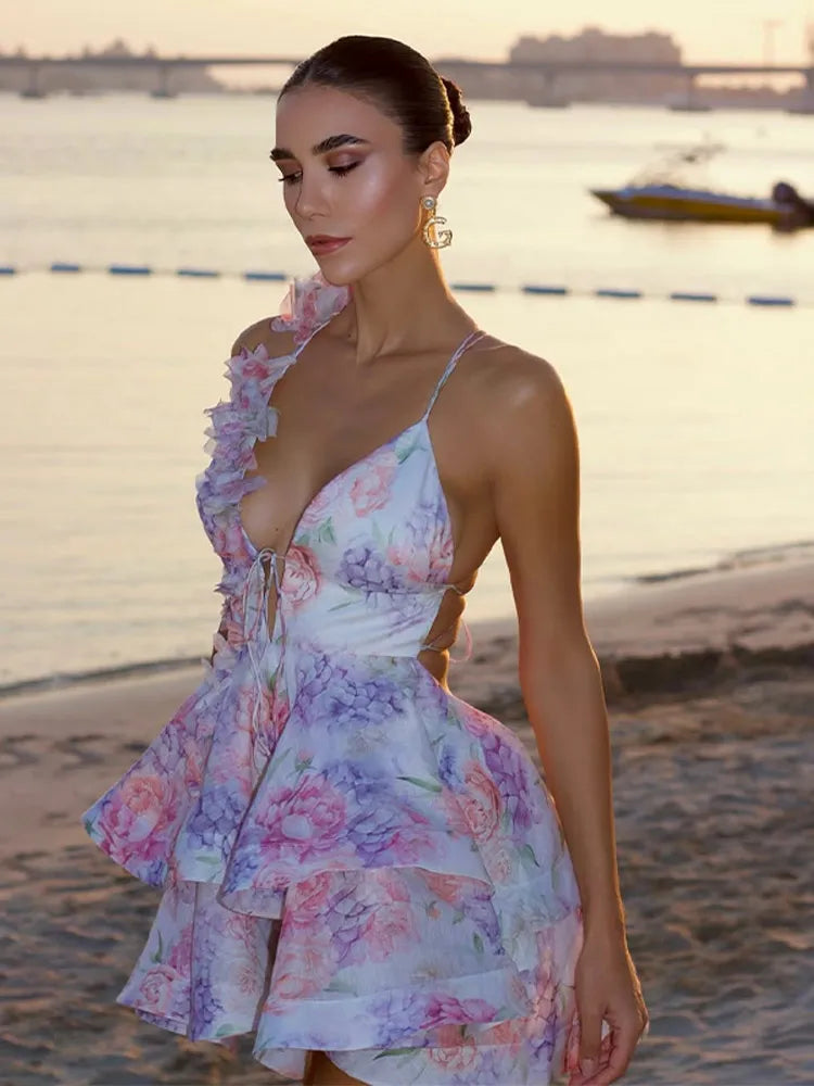 Tiedye Deep V Neck Flare Sleeve Floral Dress