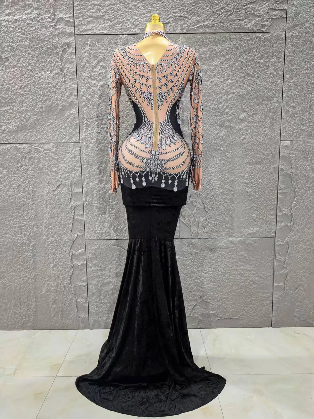 Women Long Sleeve Sexy Shinning Crystal Velvet Bodycon Floor-length Dress Celebrate Evening Party Birthday Cocktail Dress