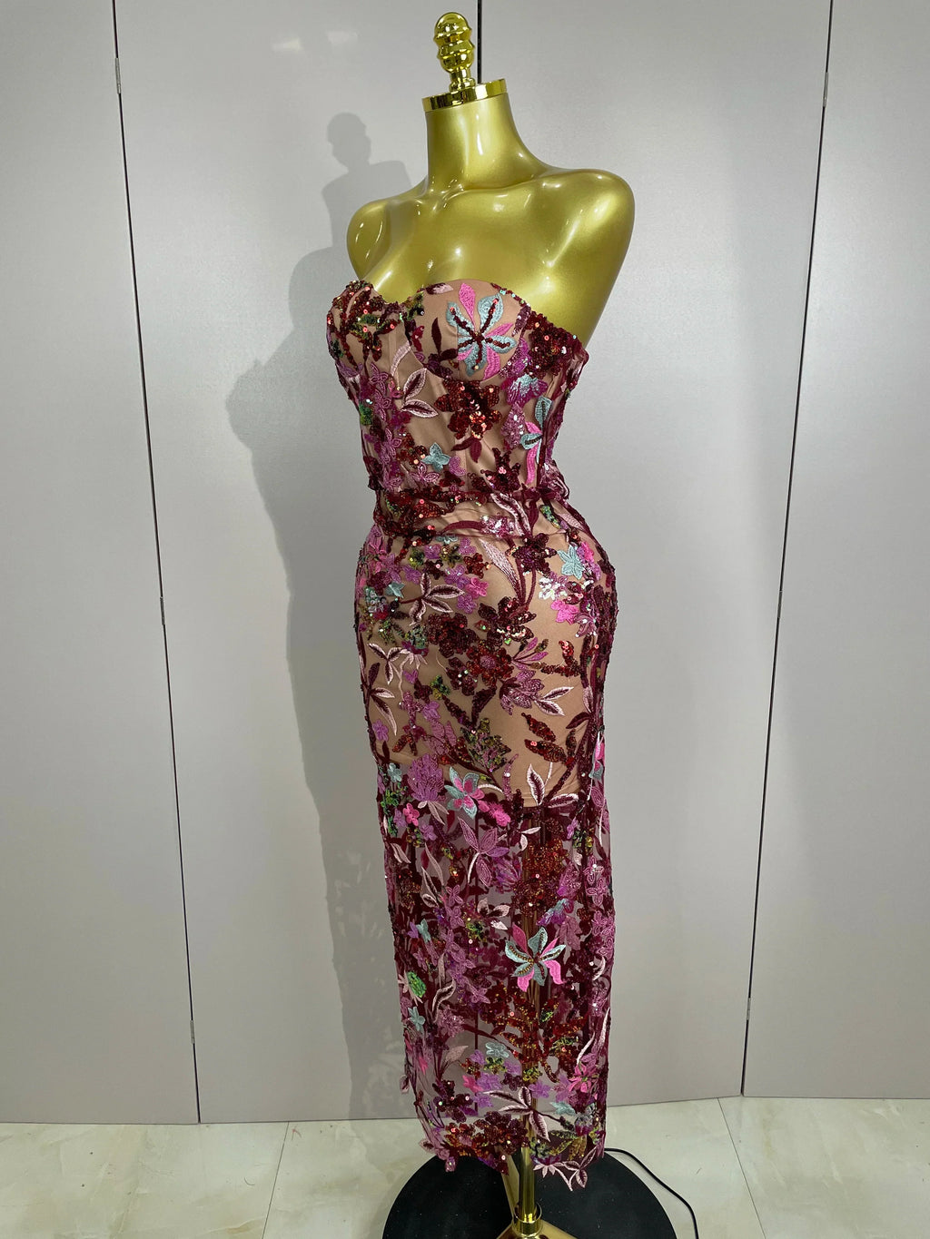 Sexy Strapless Floral Sequin Long Dress  Women Sequins Flower Backless Long Slim Dress Evening Party Runway Gown Dress