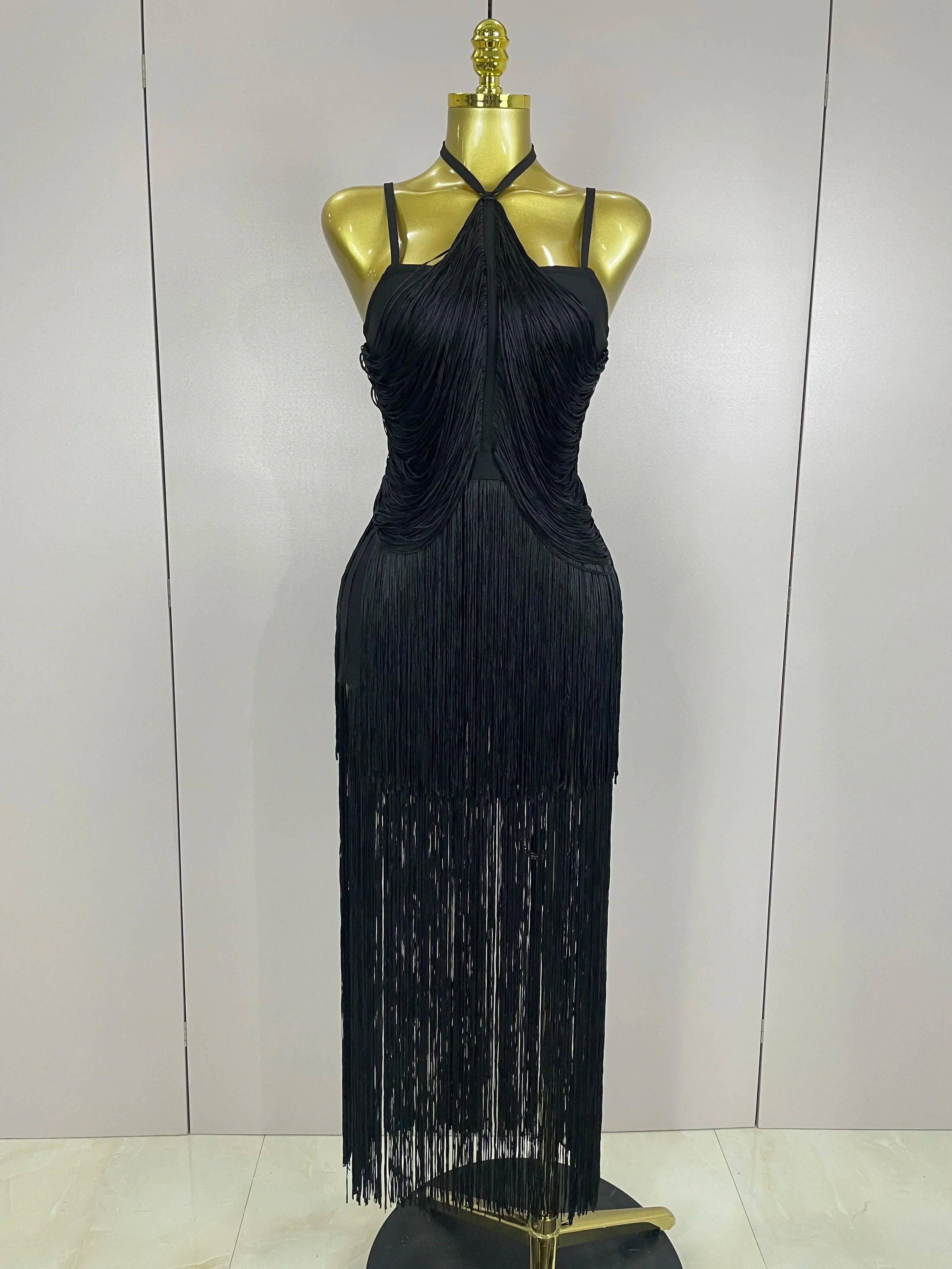 Sexy Backless Green Tassel Ankle Bodycon Bandage Dress Women Celebrity Elegant Evening Club Luxury Birthday Party Outfit black