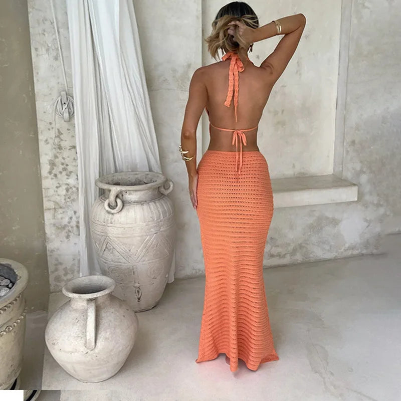 Solid Knitted Bikini Cover Summer Slip Dress