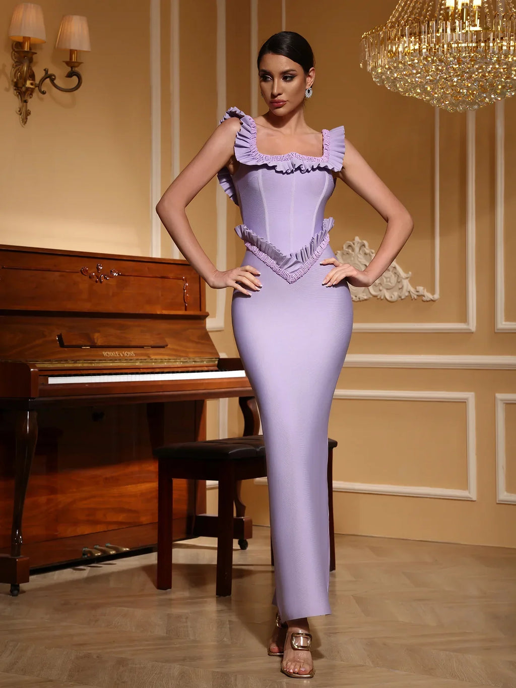 Purple Color Women Sleeveless Sexy Square Collar Ruffles Bodycon Long Bandage Dress Elegant Evening Party Cocktail Outfit