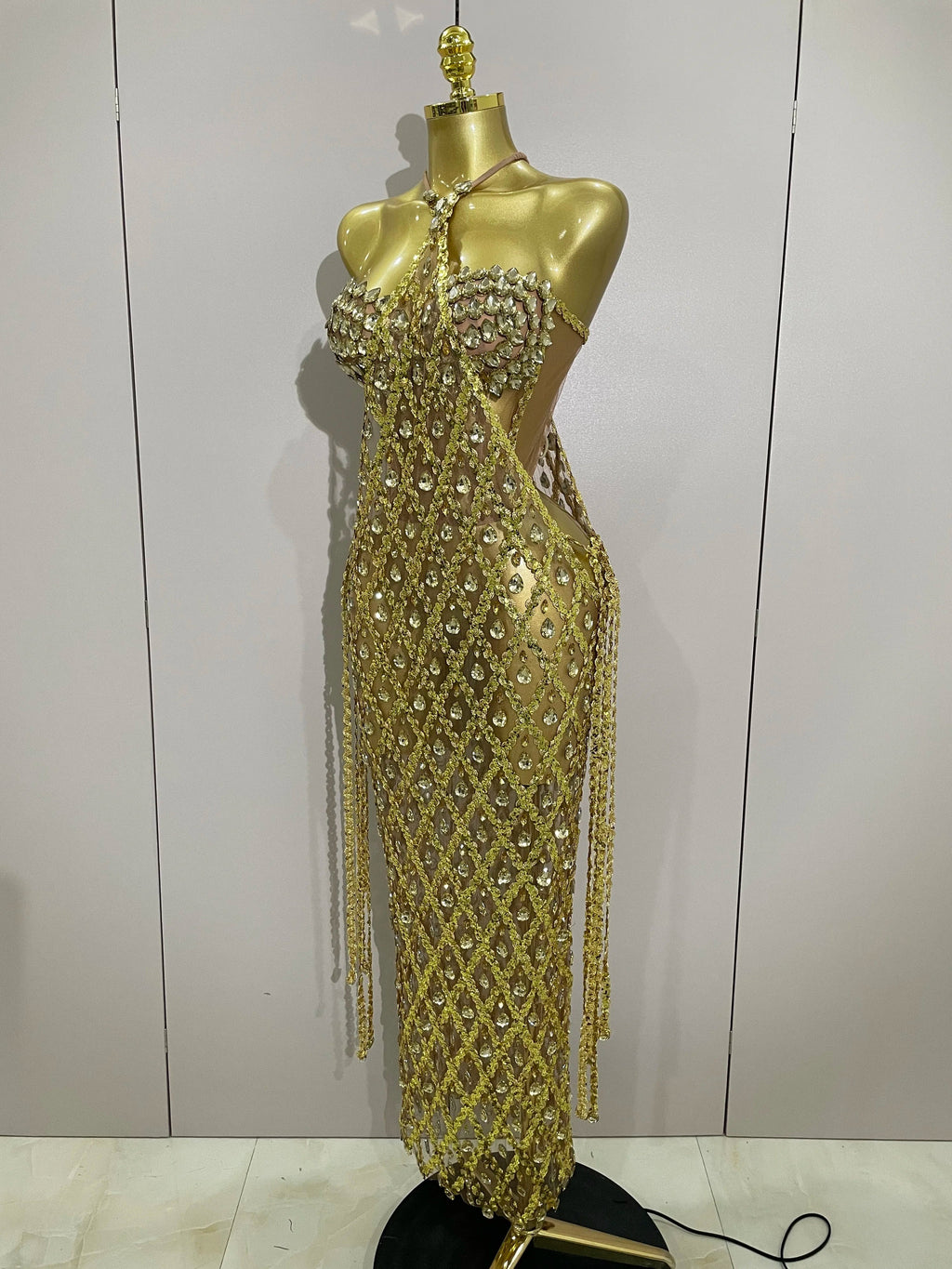 Sexy Sparkly Gold Rhinestones Sleeveless Mesh Two Piece Long Dress  Women Birthday Party Celebrate Prom Stage Costume