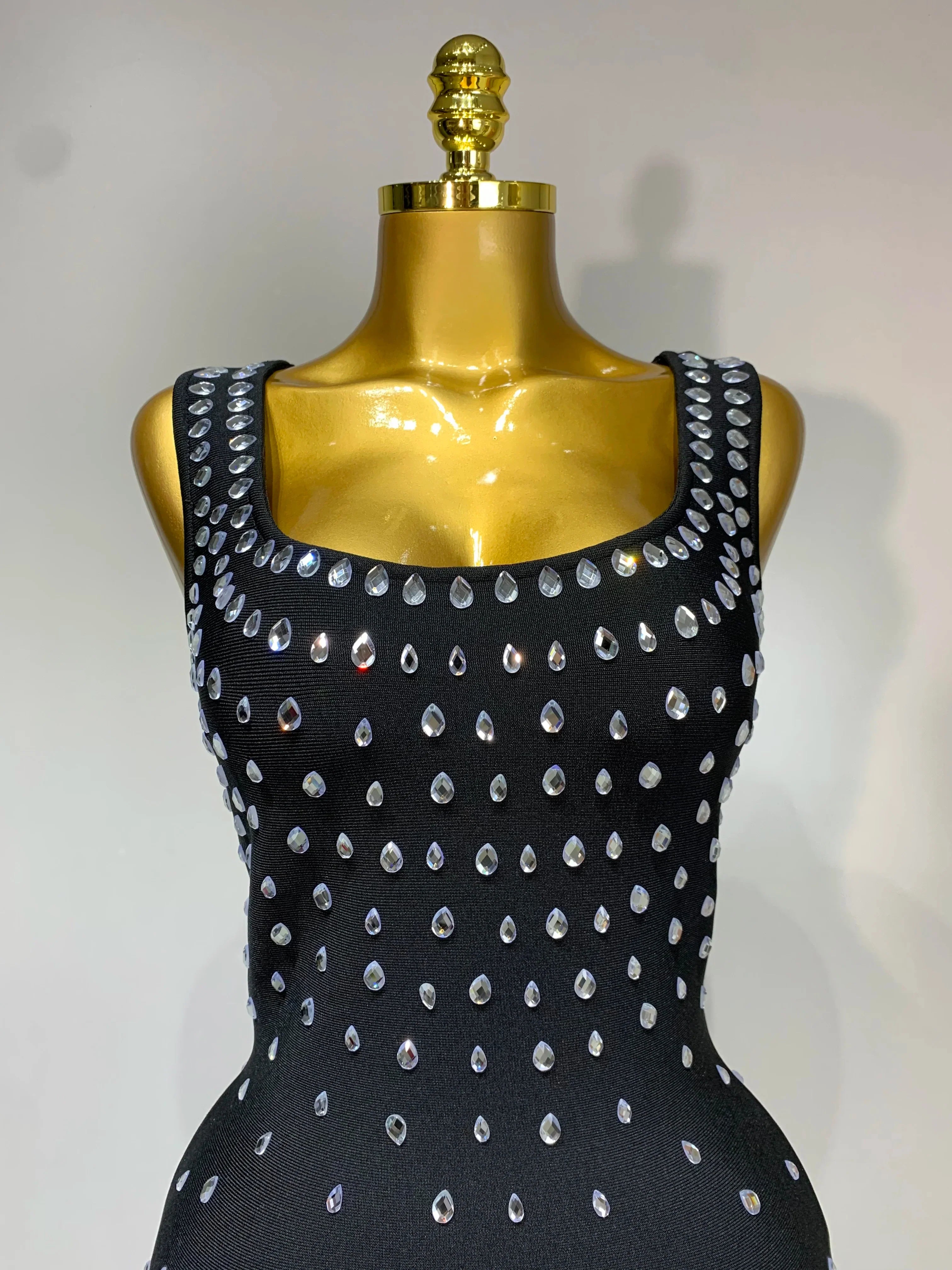 Luxury Rhinestone Bandage Long Dress Elastic Sleeveless Bodycon High Street Evening Club Party Elegant Birthday Prom Gowns