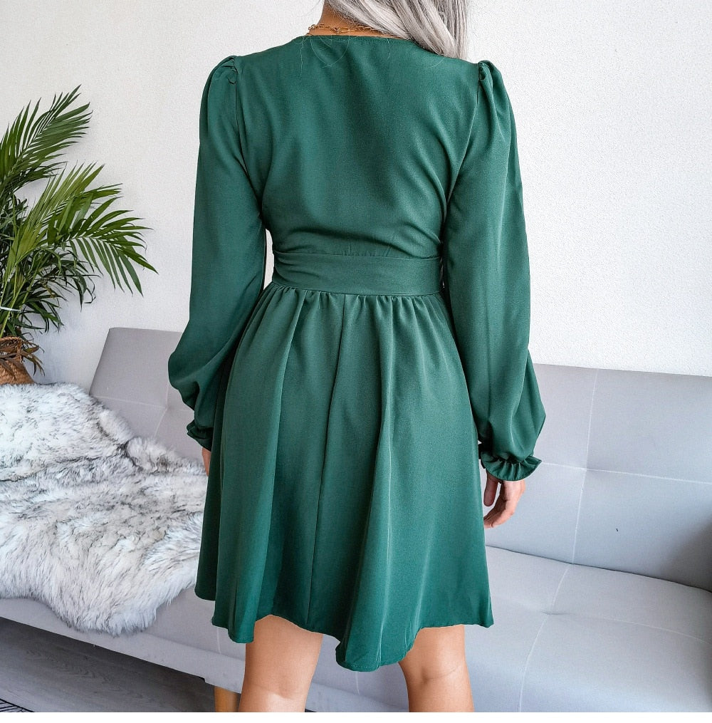 VNeck Solid Colorl Chiffon Dress