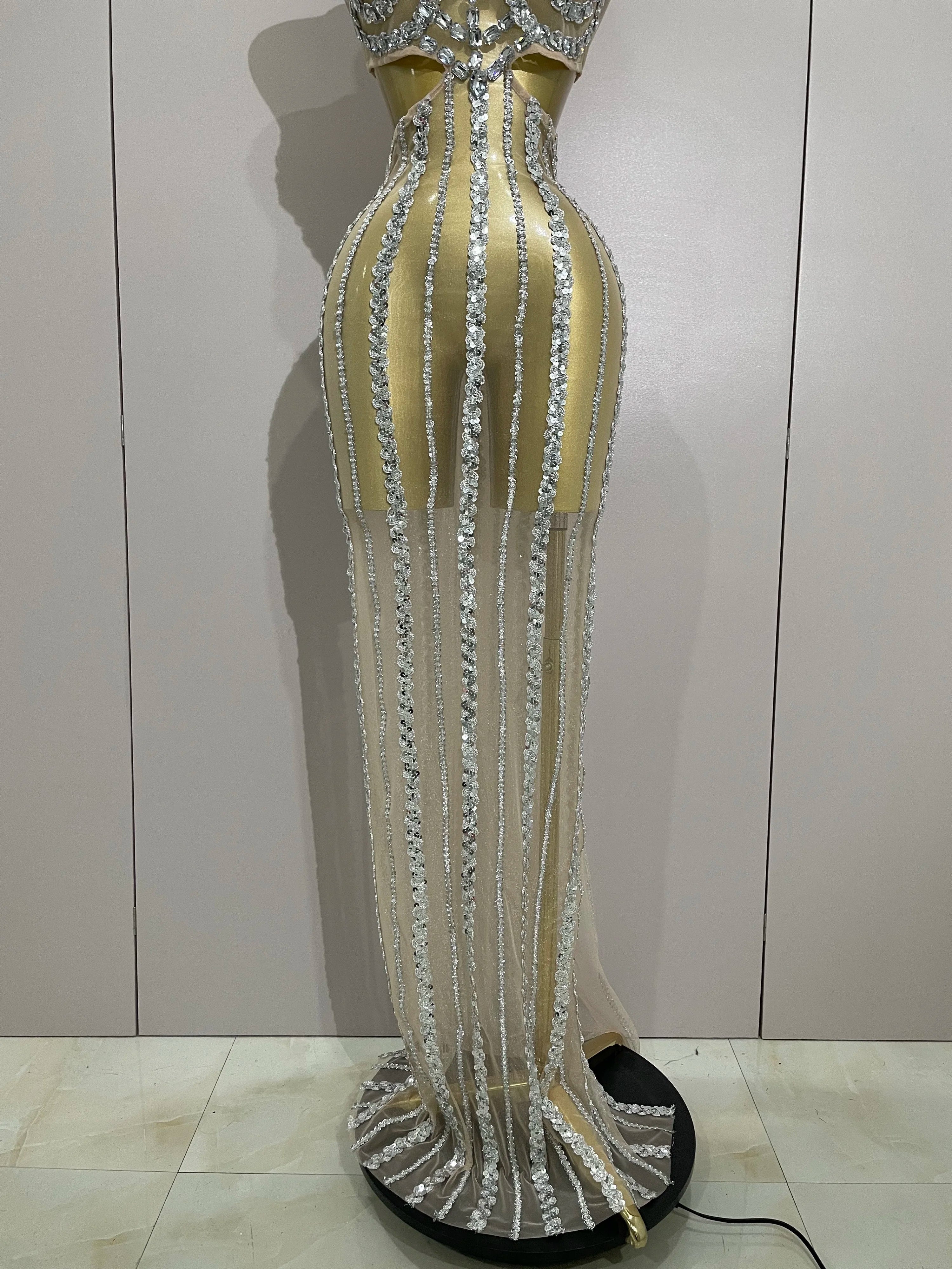 Luxury Sparkly Diamonds Sequins Sexy Mesh See Through Long Dress  Women Celebrate Birthday party Dresses Festival Costume