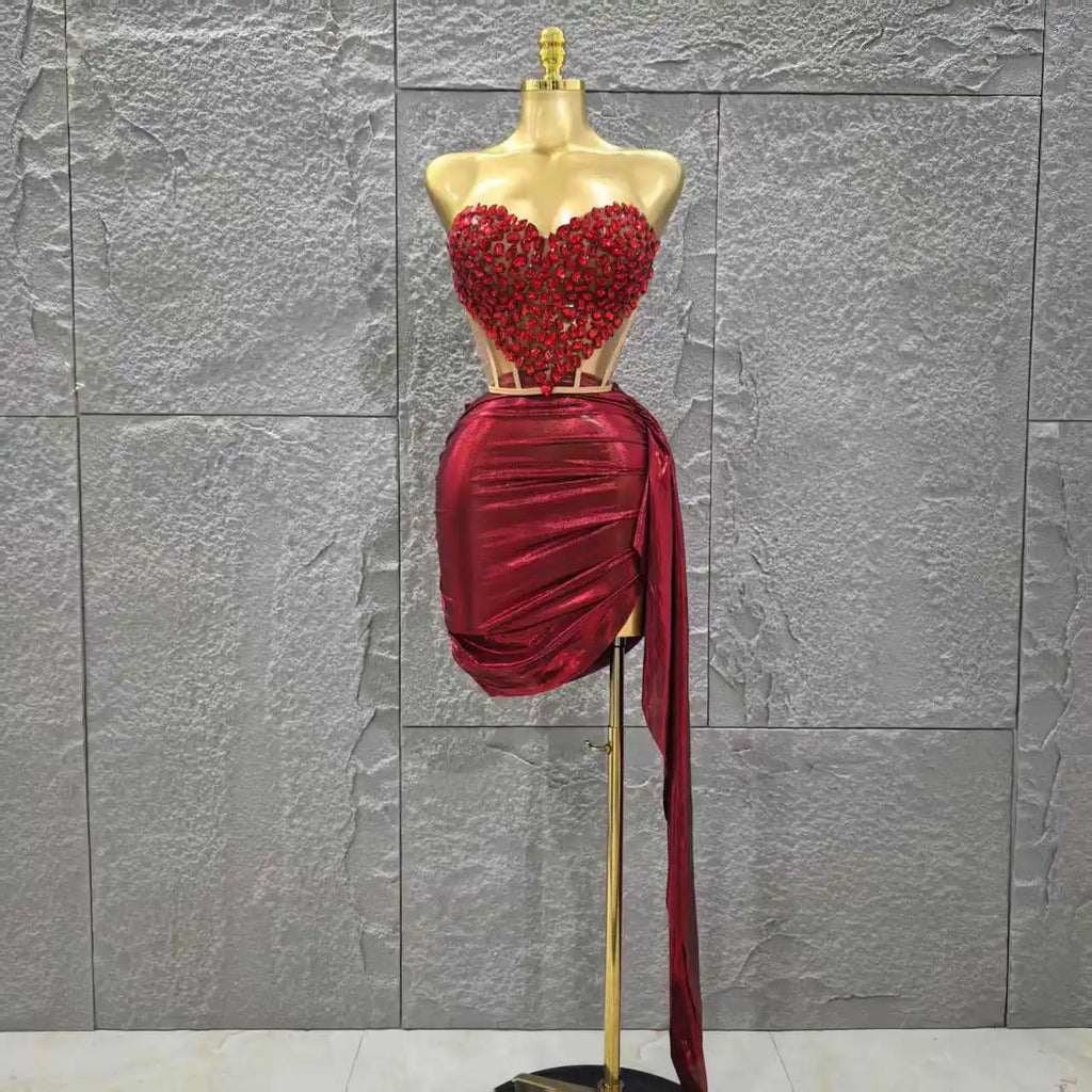 Shinning Red Crystal Women Sexy Strapless 2 Pieces Bodycon Mini Dress Nightclub Party Celebrate Birthday Photo Shoot Wear