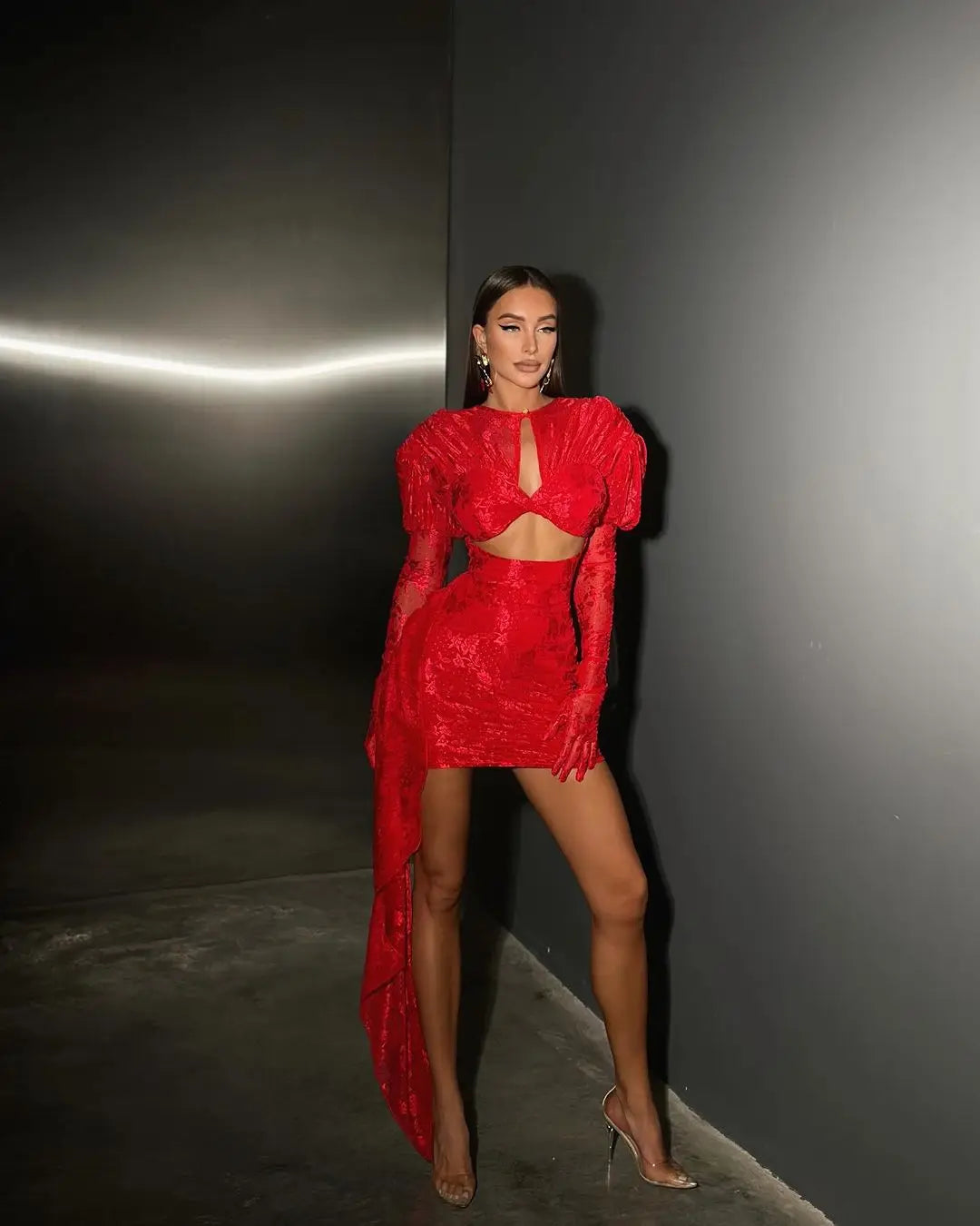 Black Color Women Long Sleeve Sexy Bodycon Draped Mini Dress Nightclub Party Bar Singer Celebrate Dress Vestido Red