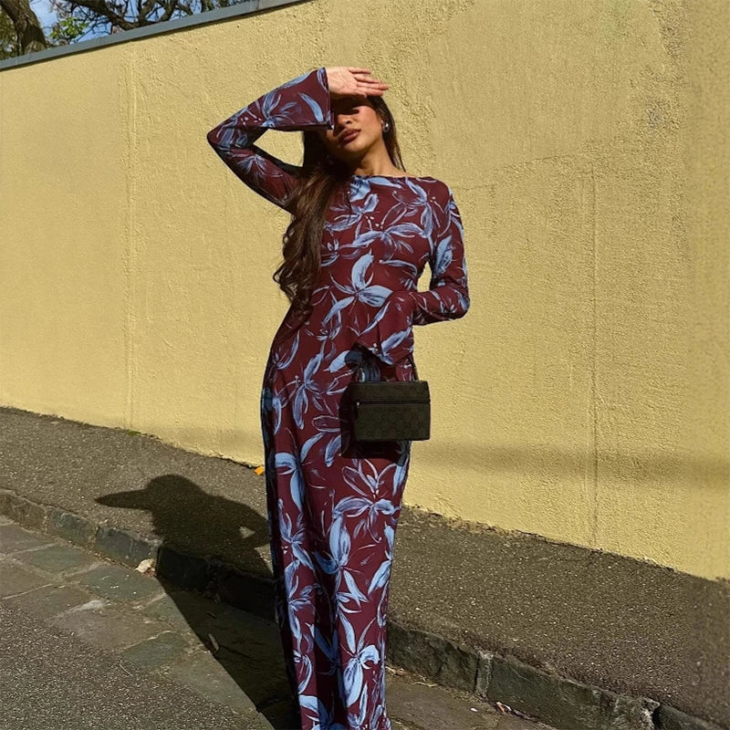 Retro Printed O neck Holiday Dress Women Elegant Full Sleeve Waist cinching Long Dresses Female 2025 Summer Chic Street Vestidos