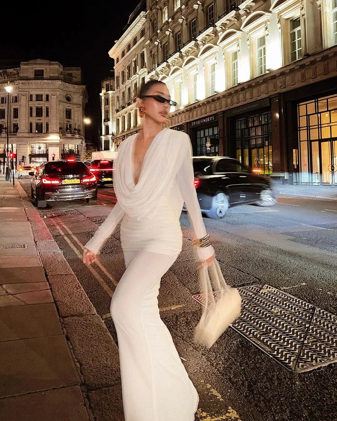 White Color Women Long Sleeve Sexy V-Neck Draped Bodycon Long Dress Fashion Celebrate Evening Party Birthday Outfit