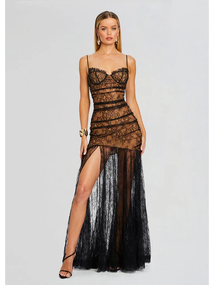 Spaghetti Strap Folds Split Elegant Lace Dress