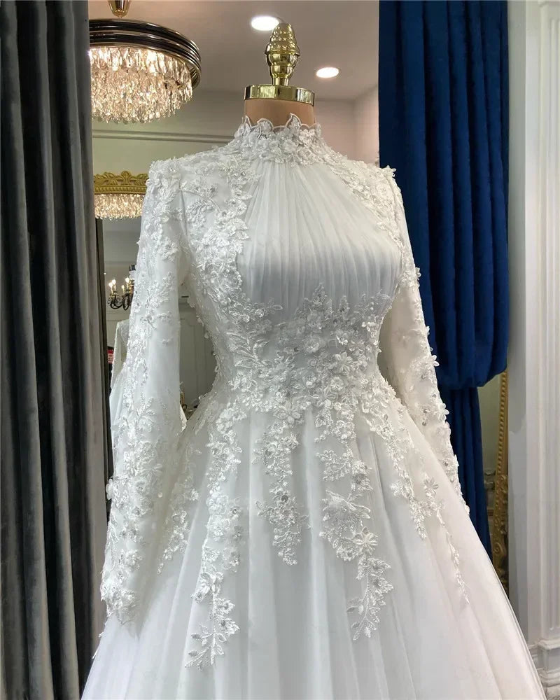 customized Muslim Wedding Dresses For Woman Appliques Flowers Arabic Dubai Long Sleeves Bridal Dress Tulle Robe De Mariage