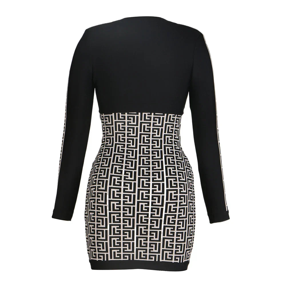 Black Color Women Long Sleeve Sexy Front Zipper Bodycon Mini Dress Rayon Bandage Fashion Runway Show Evening Dress