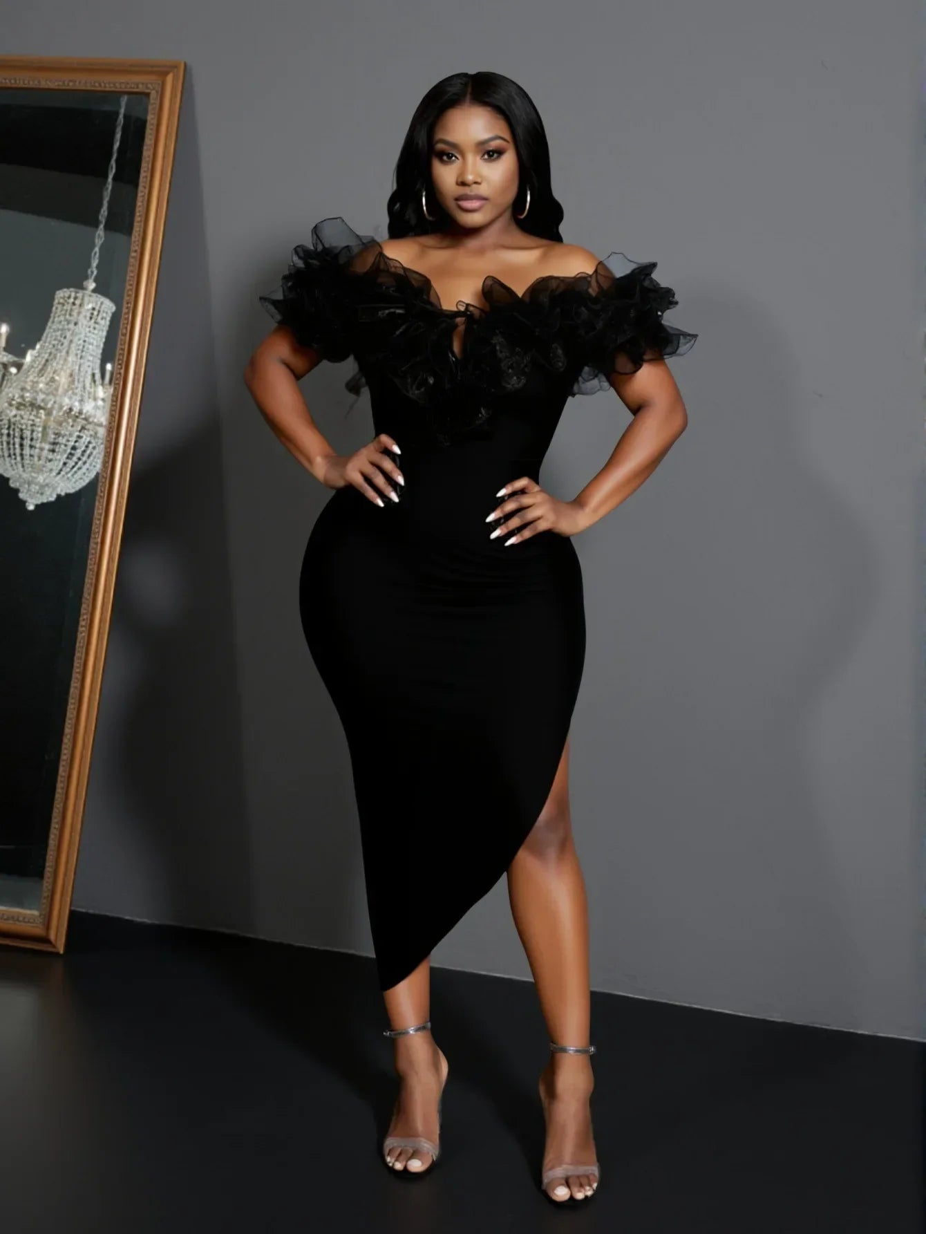 Women Slash Neck Ruffles Bodycon Bandage Mid-calf Dress Celebrate Nightclub Party Birthday Outfit Wholesale black