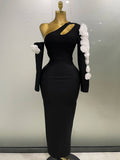 Sexy One Shoulder Key Hole Flower Maxi Long Bodycon Bandage Dress Women Knitted Elegant Evening Club Party Outfit black