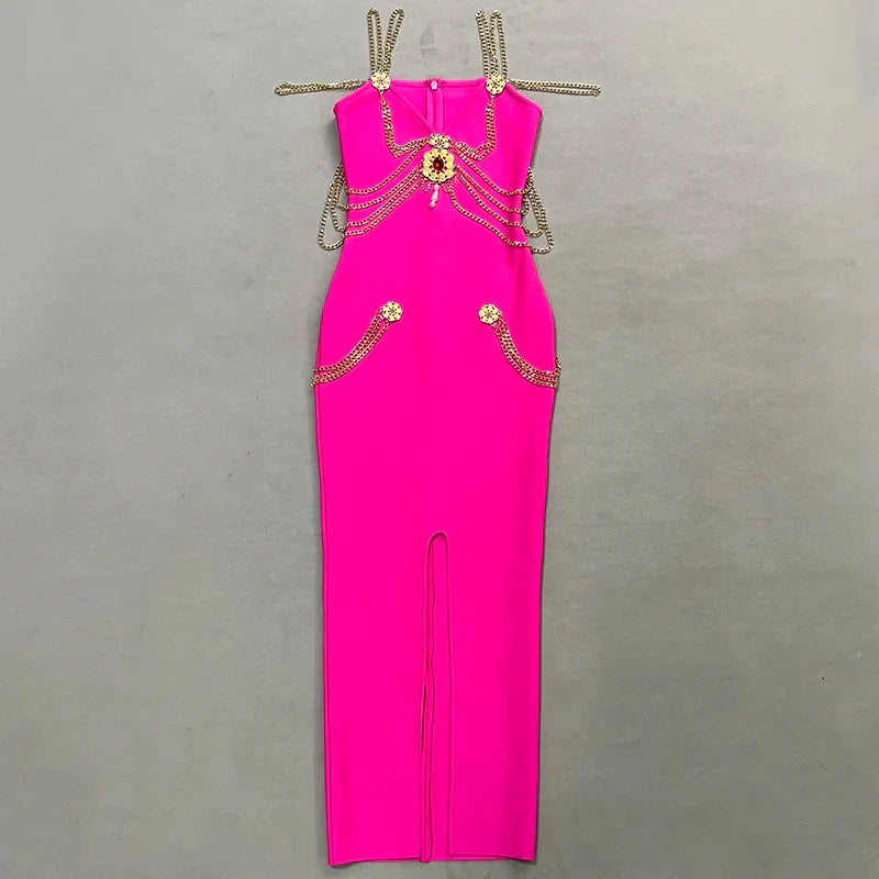 Runway Fashion Maxi Long Bandage Dress Open Fork Chains Strap Fashion Beading Bandage Dress Cocktail Party Bodycon Dresses 2025 Rose Red
