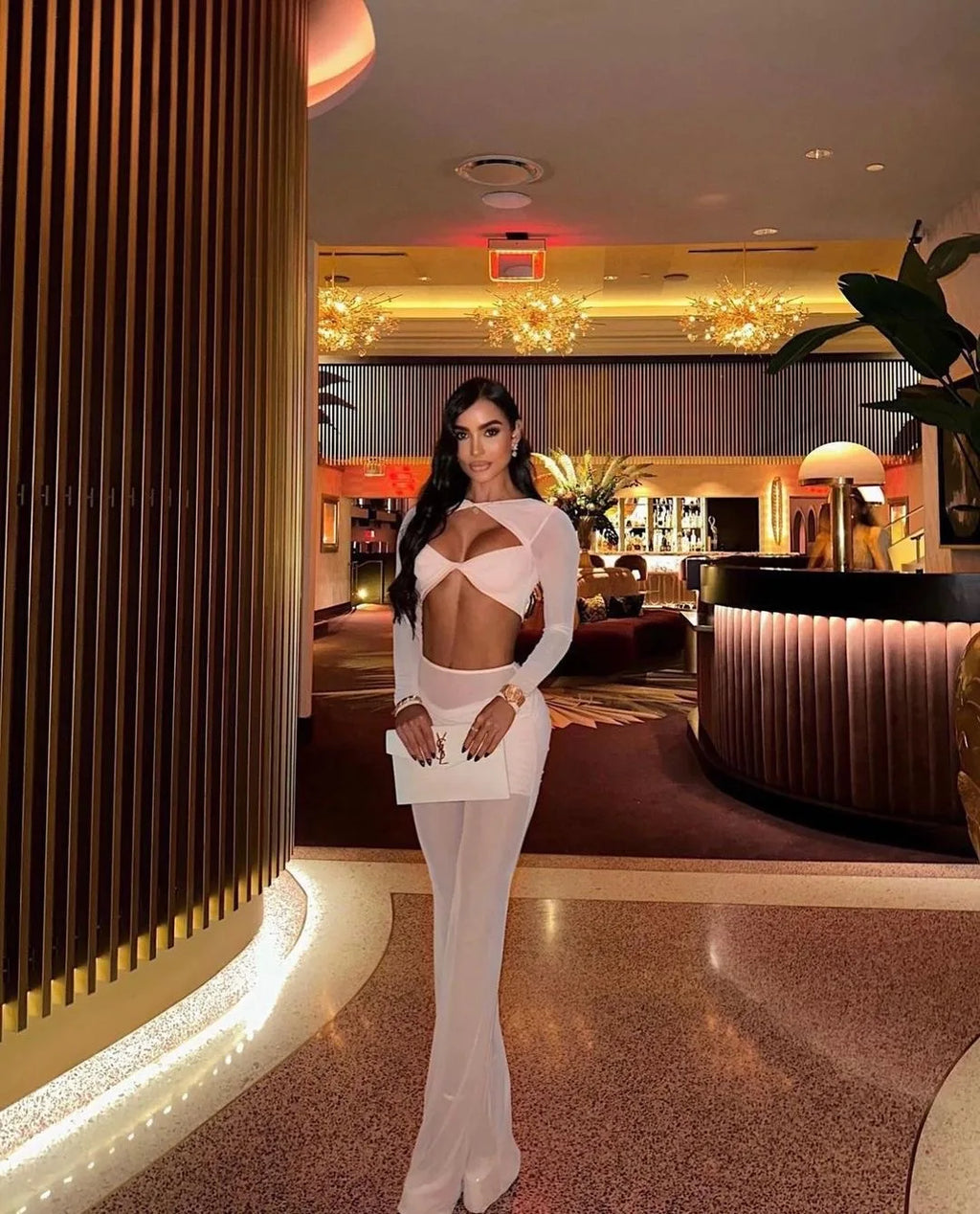 2024 Stylish Expose Waist Woman Set Sexy Hollow Out Short Top And Mesh Pants 2 Pieces High Street Wear Holidy Vacation Outfit