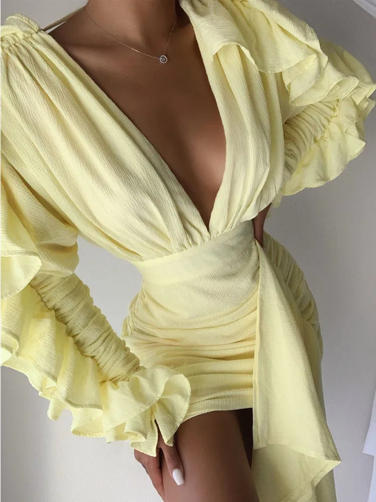 New Yellow Green Women Butterfly Sleeve Sexy Deep V-Neck Bodycon Mini Dress Fashion Nightclub Party Dress