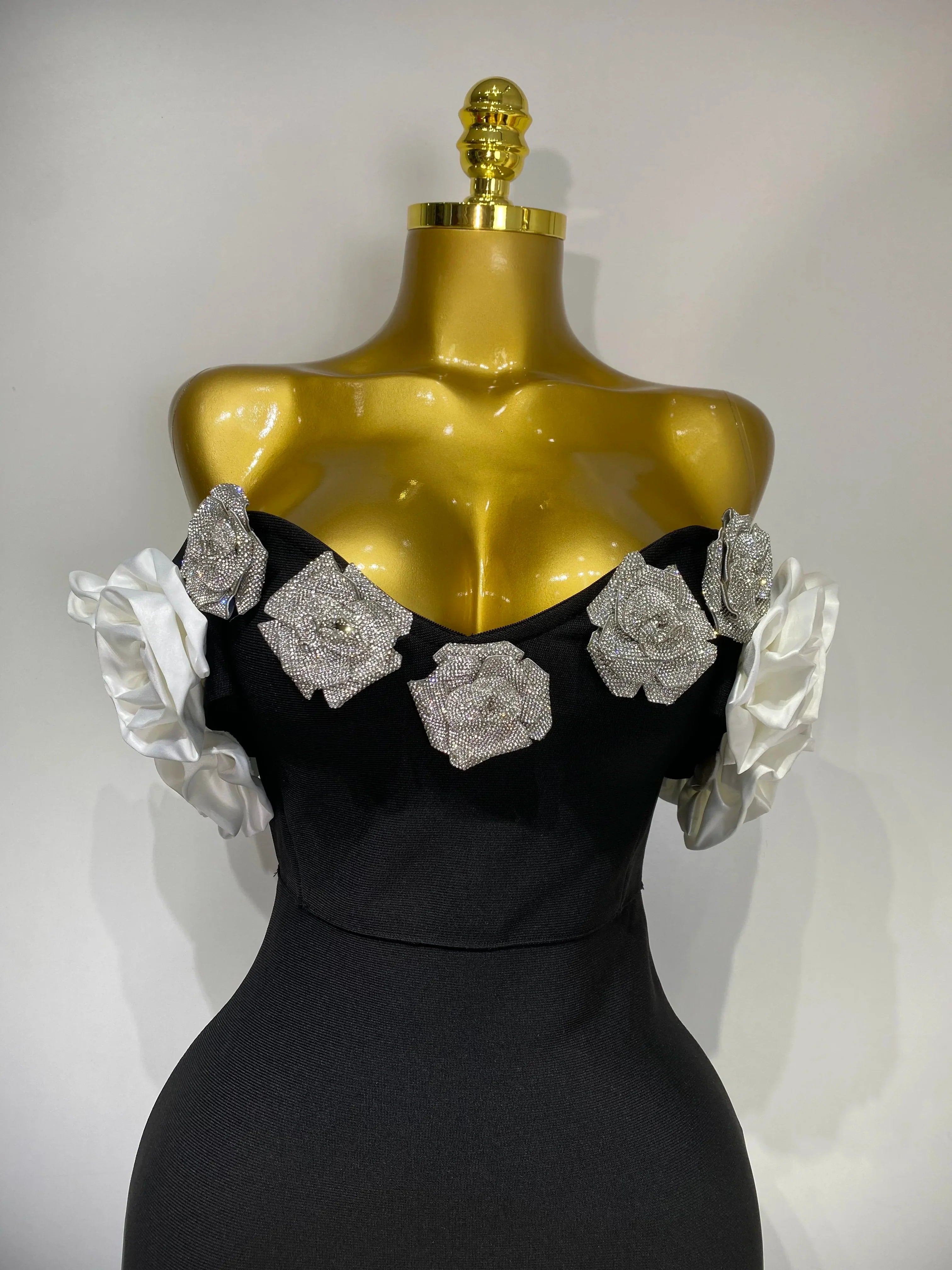 Women Luxury Rhinestone Celebrity Sexy Off Shoulder Flower Maxi Long Bodycon Bandage Dress Elegant Evening Club Party Outfit