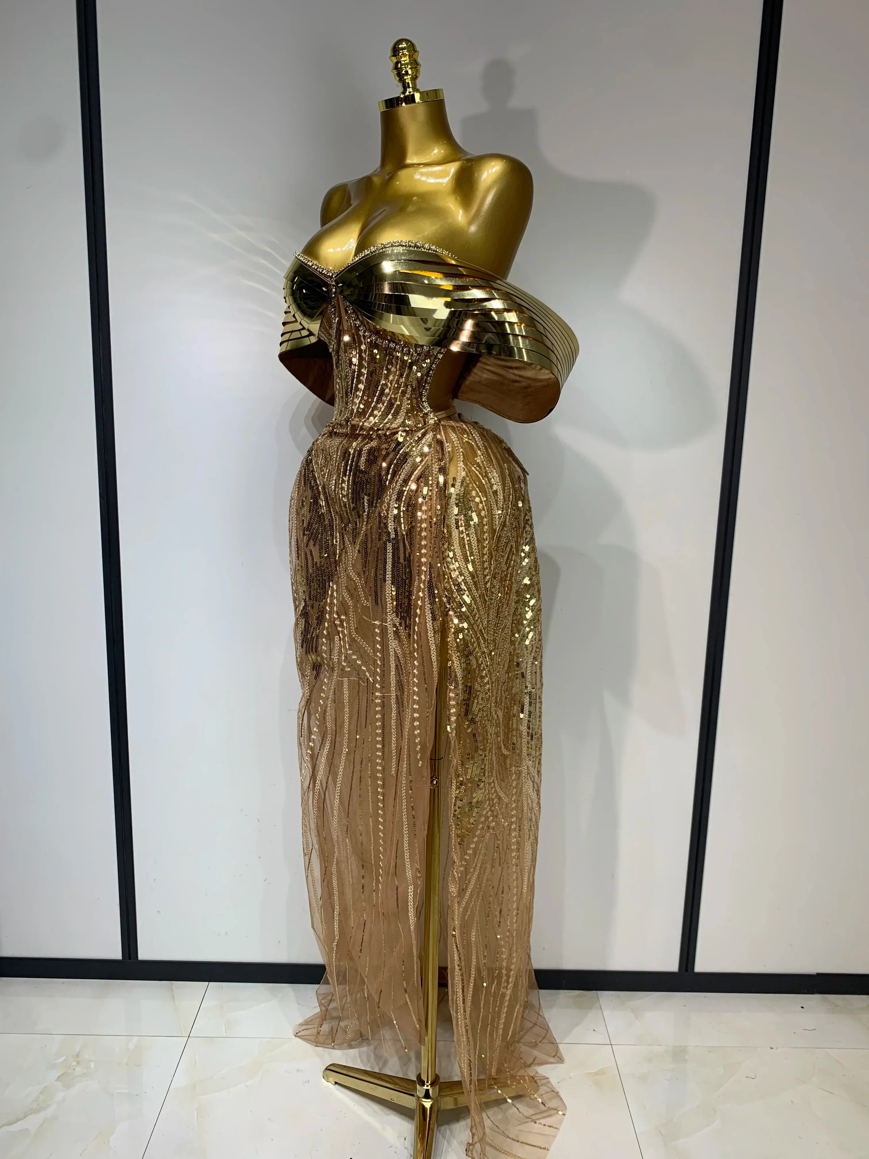 Sparkly Gold Long Dress Luxury Rhinestone Sequins See Thourgh Birthday Gown Sexy Off Shoulder Performance Singer Costume