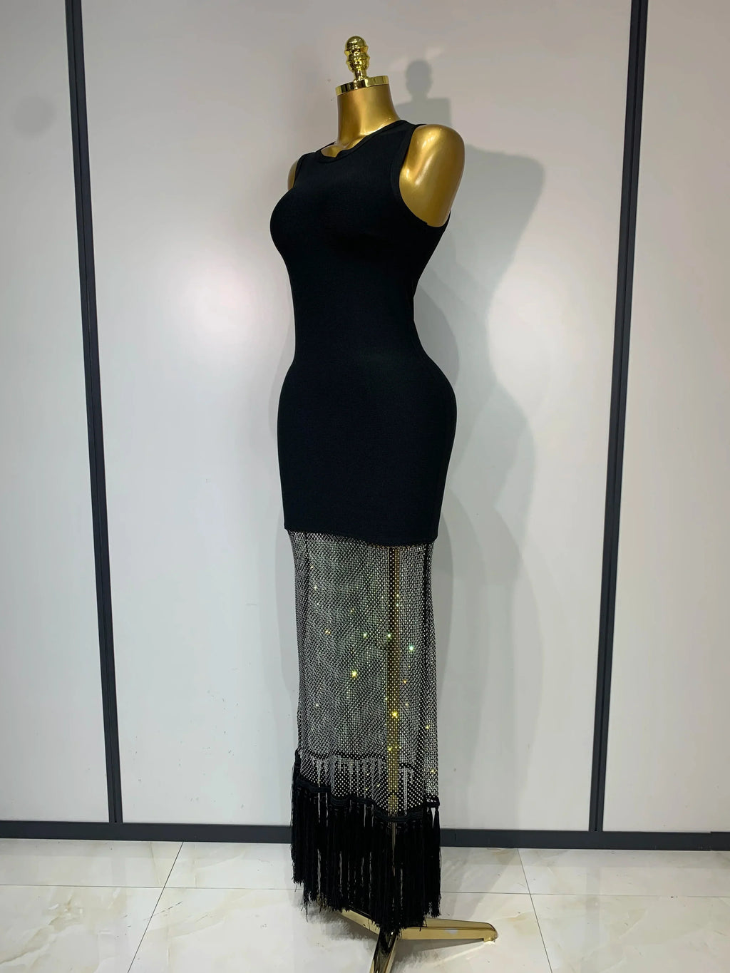 Fashion Black Sleeveless Sparkly Diamonds Tassel Bandage Dress Celebrity Cocktail Evening Party Luxury Birthday Gown