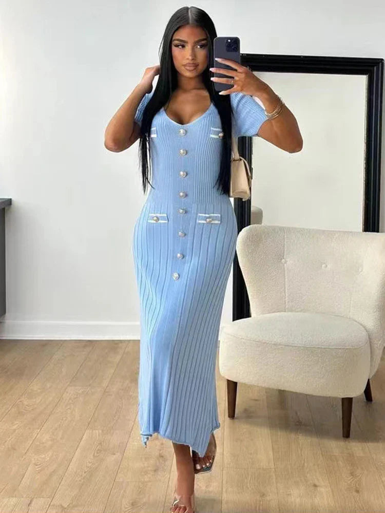 VNeck Knitted Short Sleeve Button Work Dress