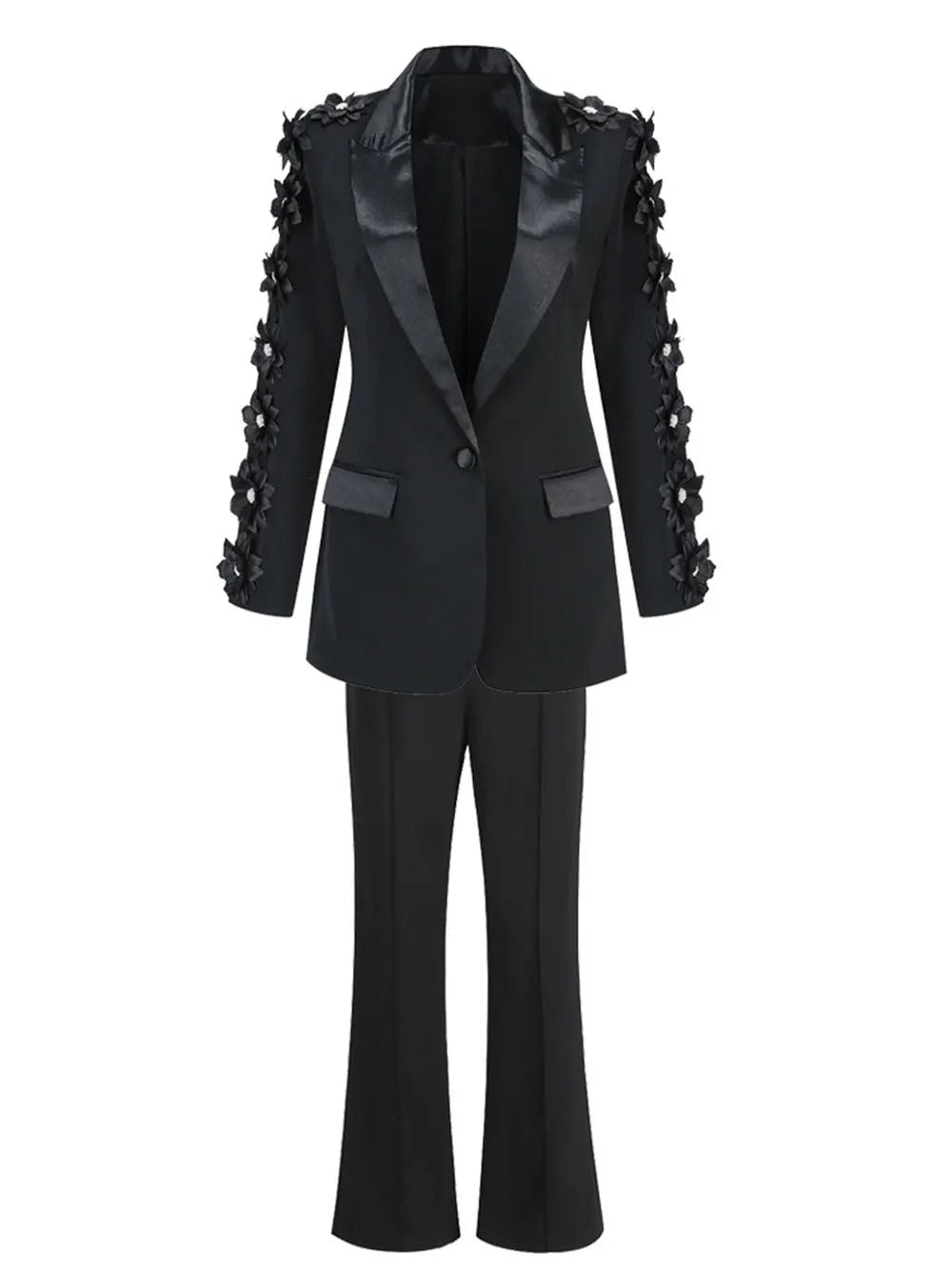 2024  Women Suit Pants Set with Collar, Long Sleeve, Three Dimensional Flower Decoration, Slim Fit Suit Coat+Two Piece Pants Set