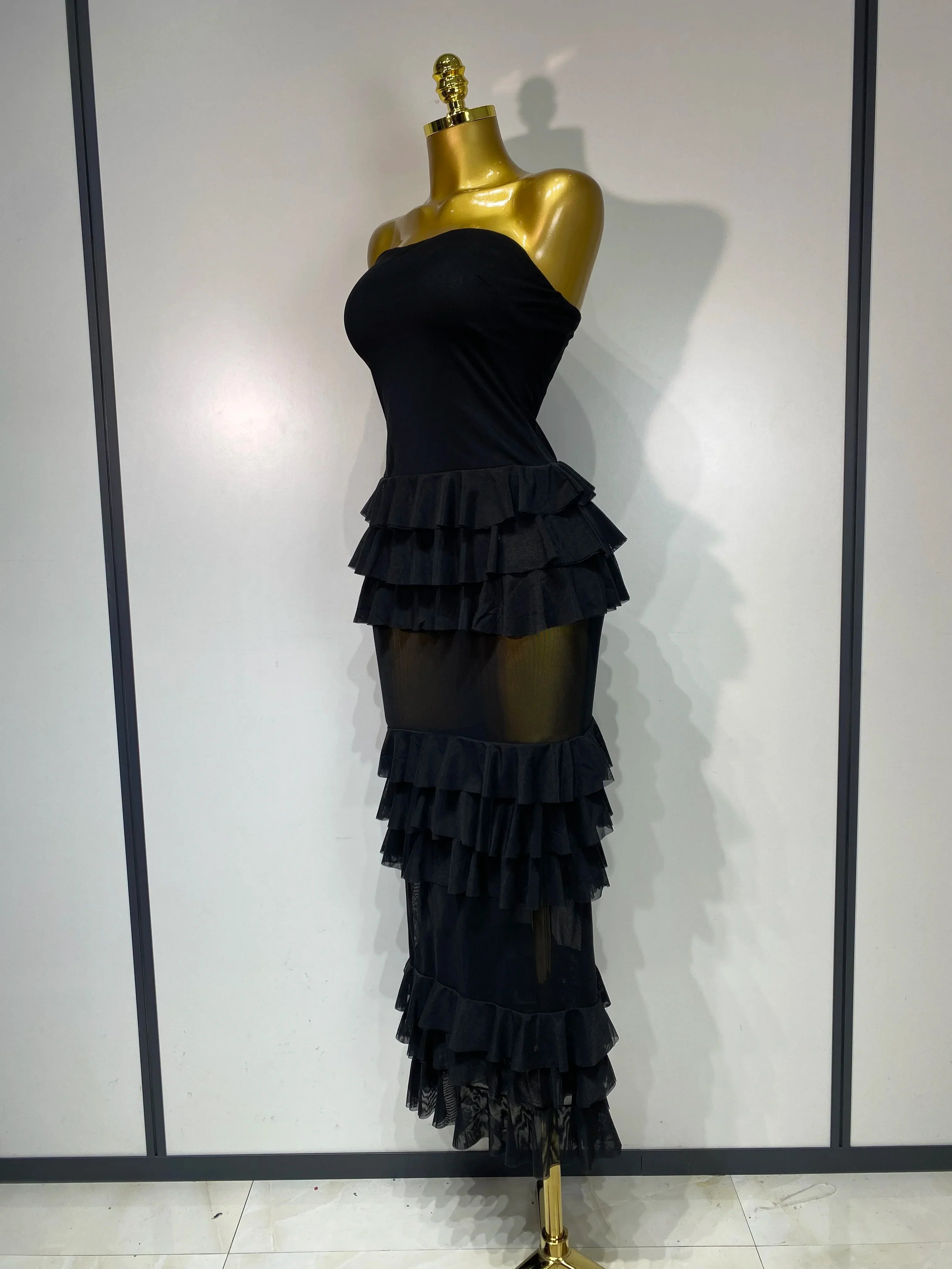 Women Sexy Strapless Ruffles Long Dress Black Backless Mesh See Through Design Dresses Evening Party Cocktail Birthday Dress