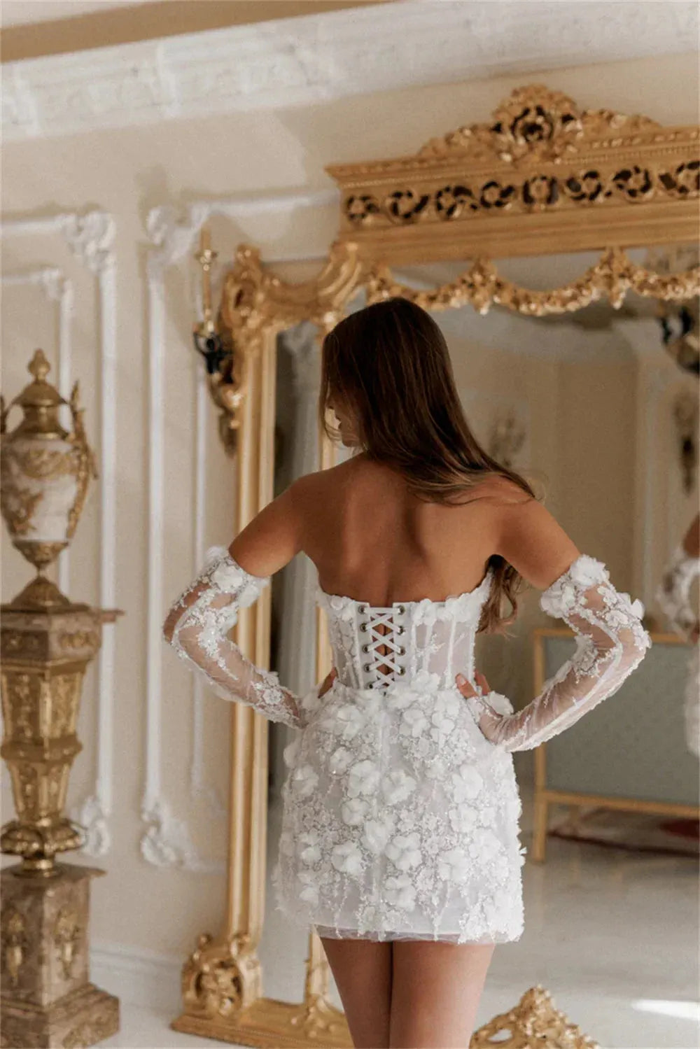 Intricate Sparkle Strapless A-line Celebrity Dress Applique Paillette / Sequins Mini Organza Cocktail wedding dress