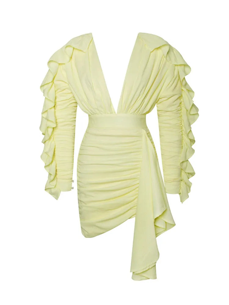 New Yellow Green Women Butterfly Sleeve Sexy Deep V-Neck Bodycon Mini Dress Fashion Nightclub Party Dress