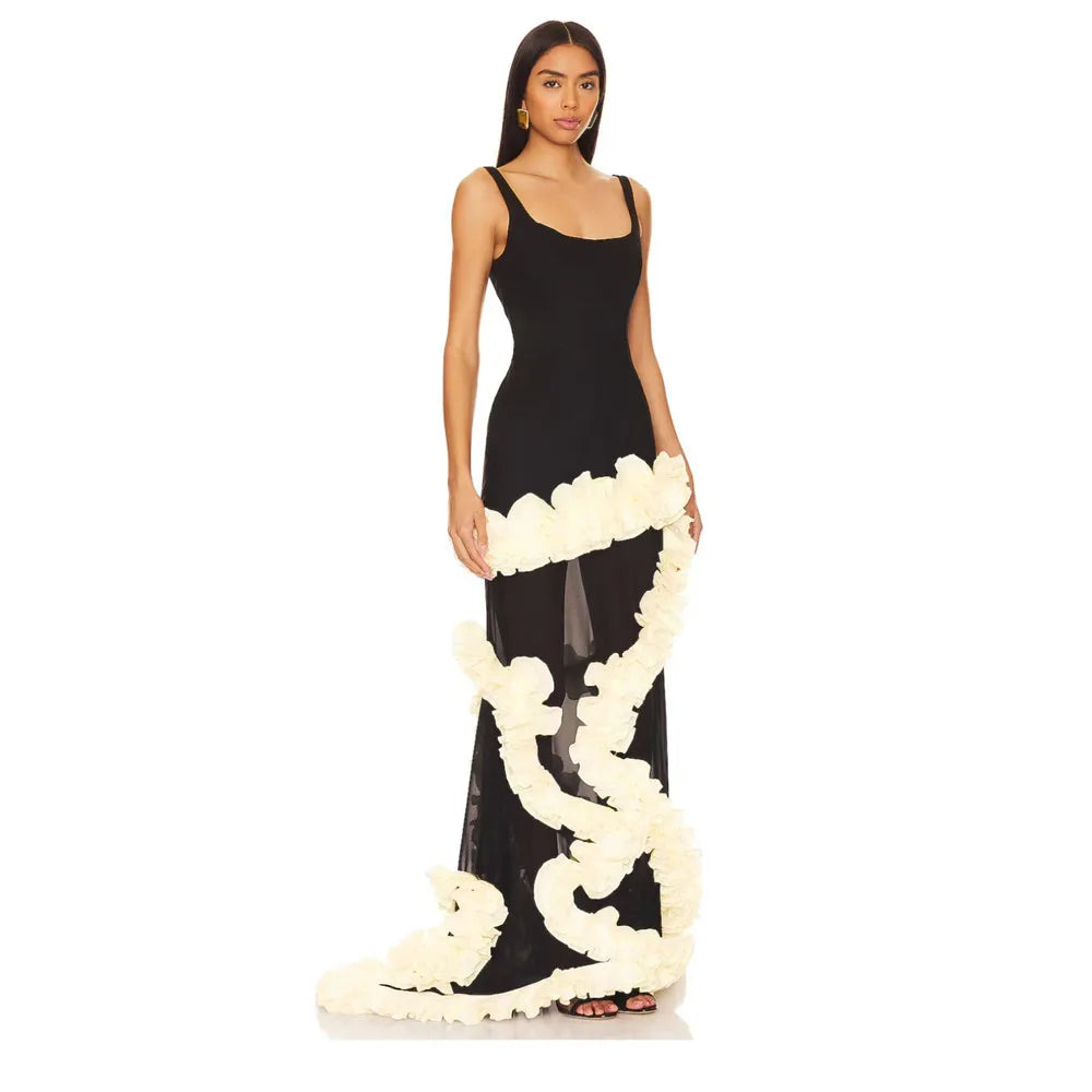 Women Sleeveless Sexy O-Neck Florals Floor-length Bandage Dress Celebrate Birthday Party Photo Shoot Evening Outfit black