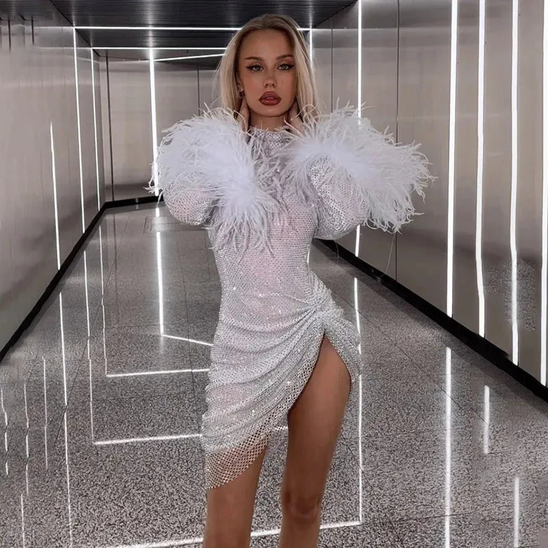 Autumn Bling Glitter Long Sleeve Side Slit Sexy  Dresses For Women Feather Fashion Party Clubwear Y2K Fall Outfits