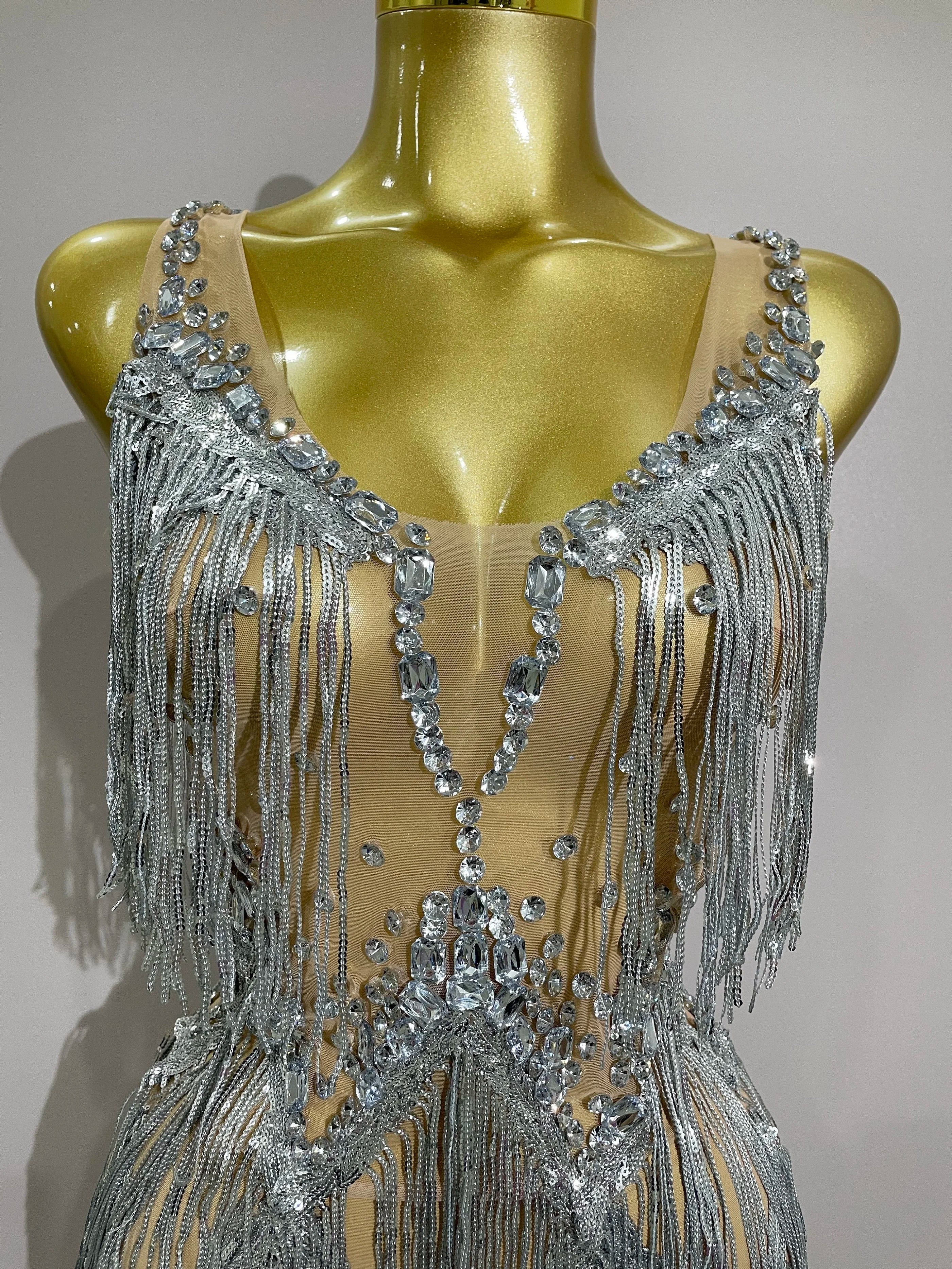 Sparkly Rhinestone Tassels Sexy Mesh Mini Dress  Women Evening Birthday Party Dresses Nightclub Performance Stage Costume