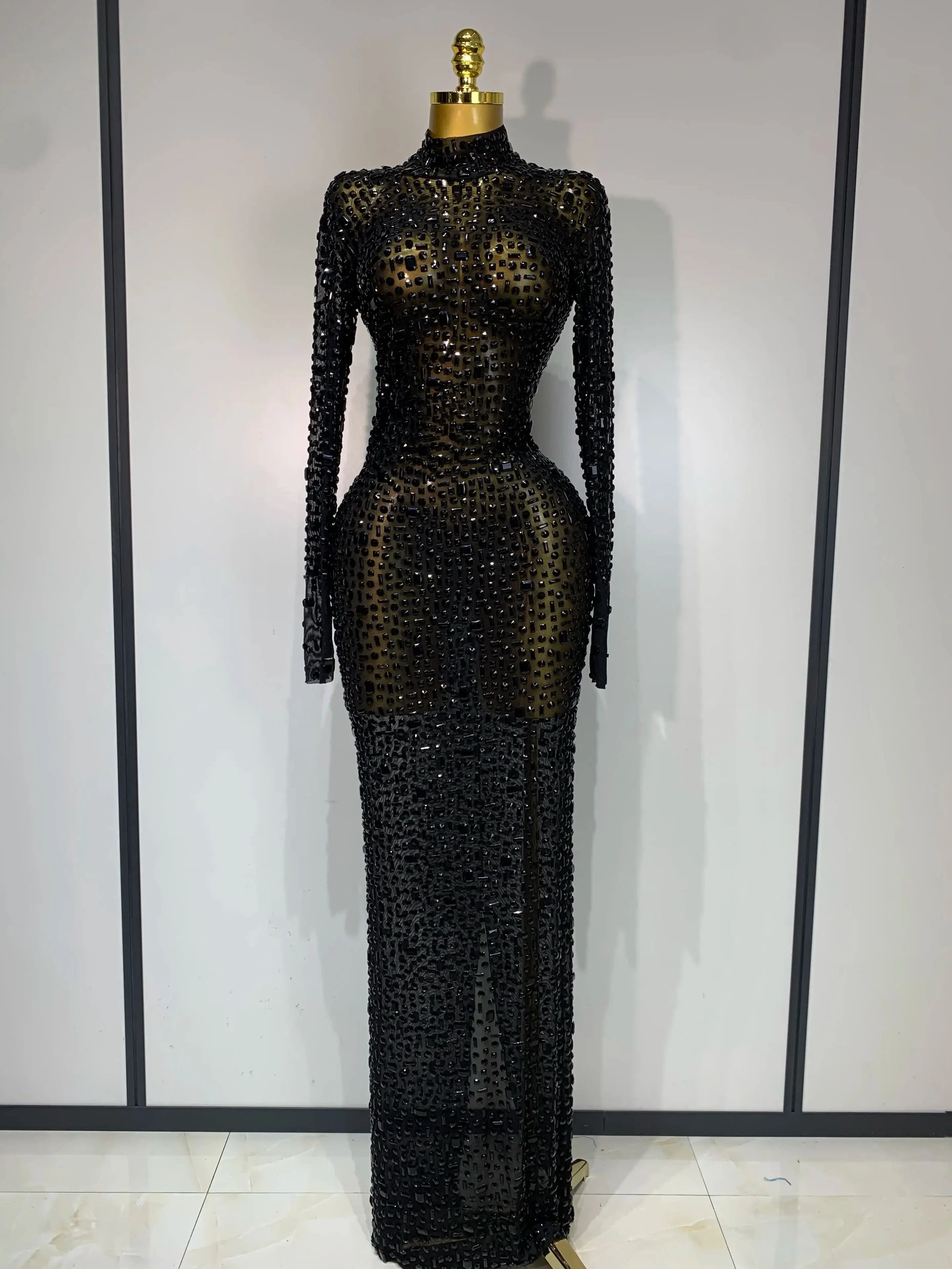 Sparkly Luxury Rhinstones Long Sleeve Elegant Party Dress Women  Performance Stage Outfit Evening Birthday Prom Gown