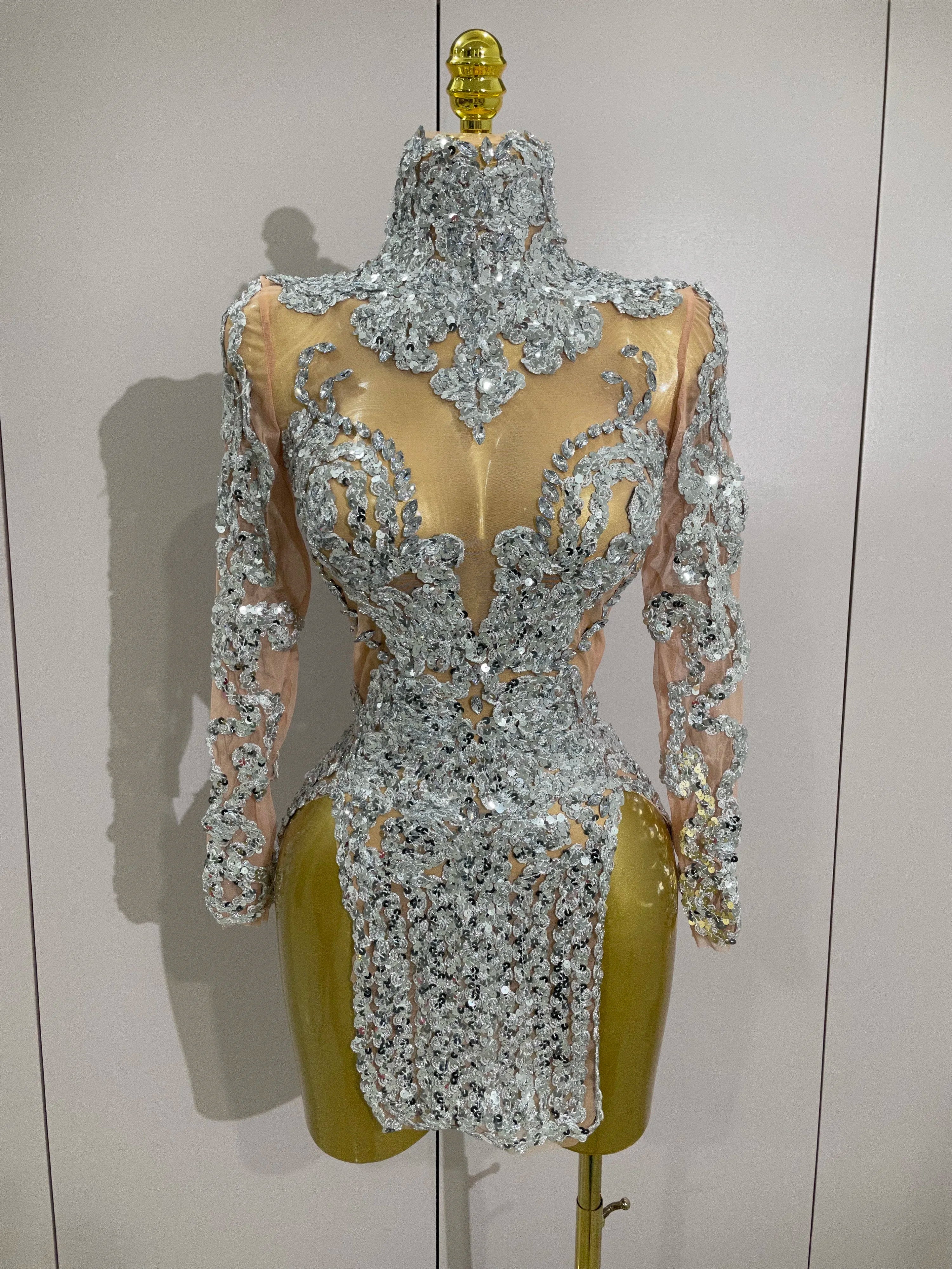 Luxury Sparkly Sequins Stretch Long Sleeve Mesh Mini Dress Women Birthday Party Nightclub Dancer Stage Performance Costume Silver