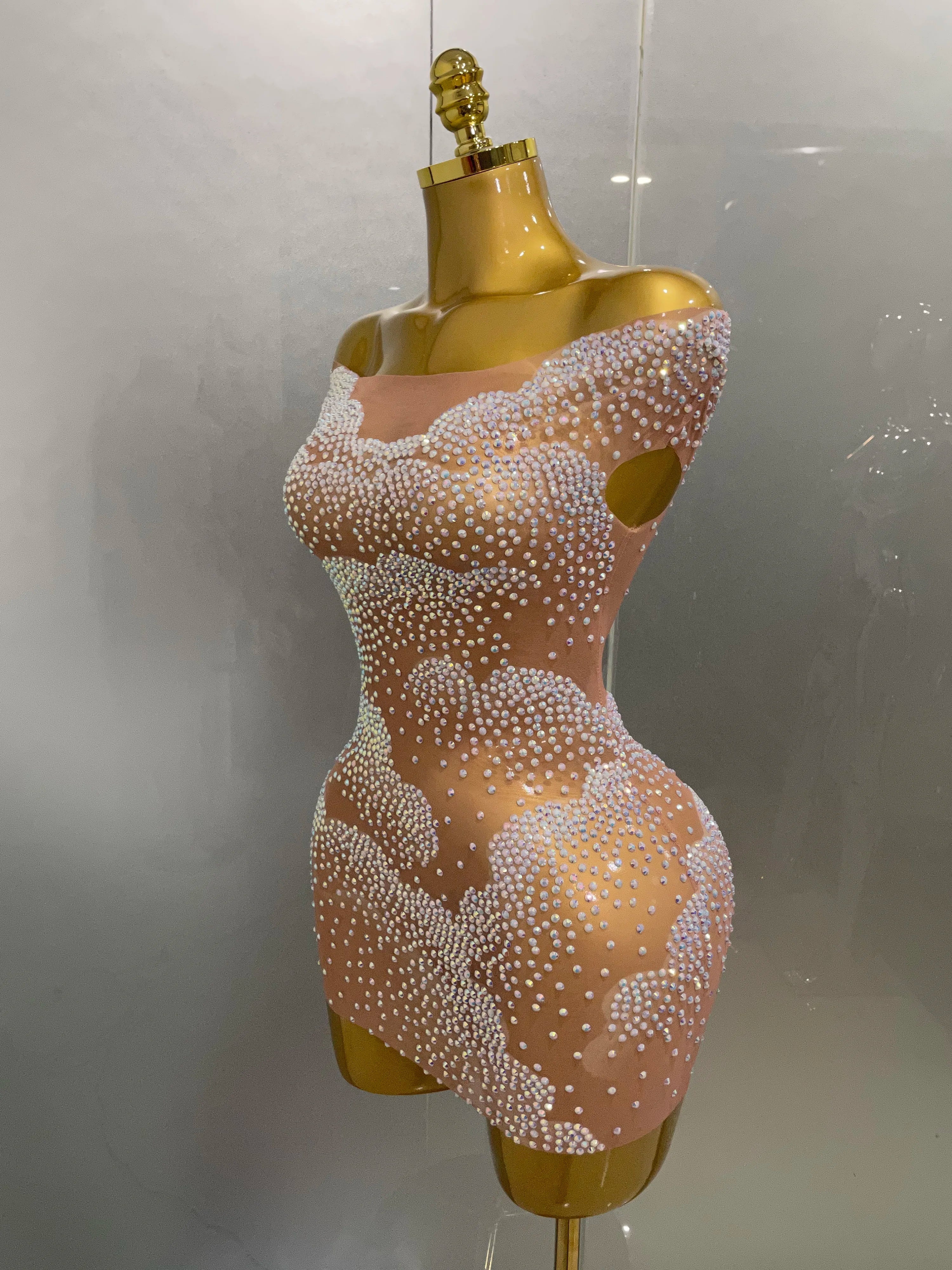Sexy Sparkle Rhinestone Transparent Stretch Mini Dress  Women Evening Birthday Party Club Stage Performance Costume