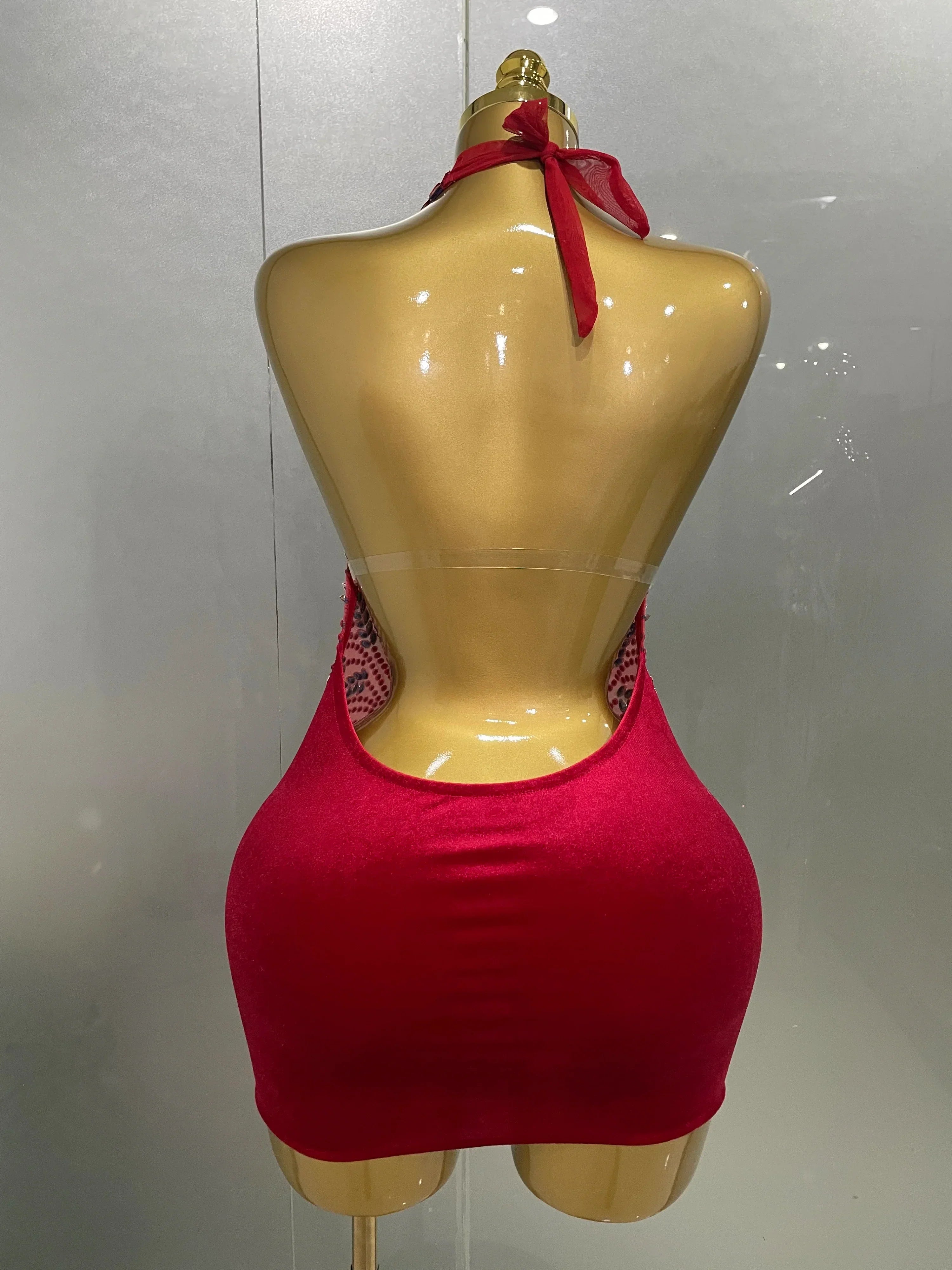Sexy Red Sparkly Rhinestones Halter Backless Velour Short Dress  Women Evening Prom Celebrate Birthday Party Stage Wear