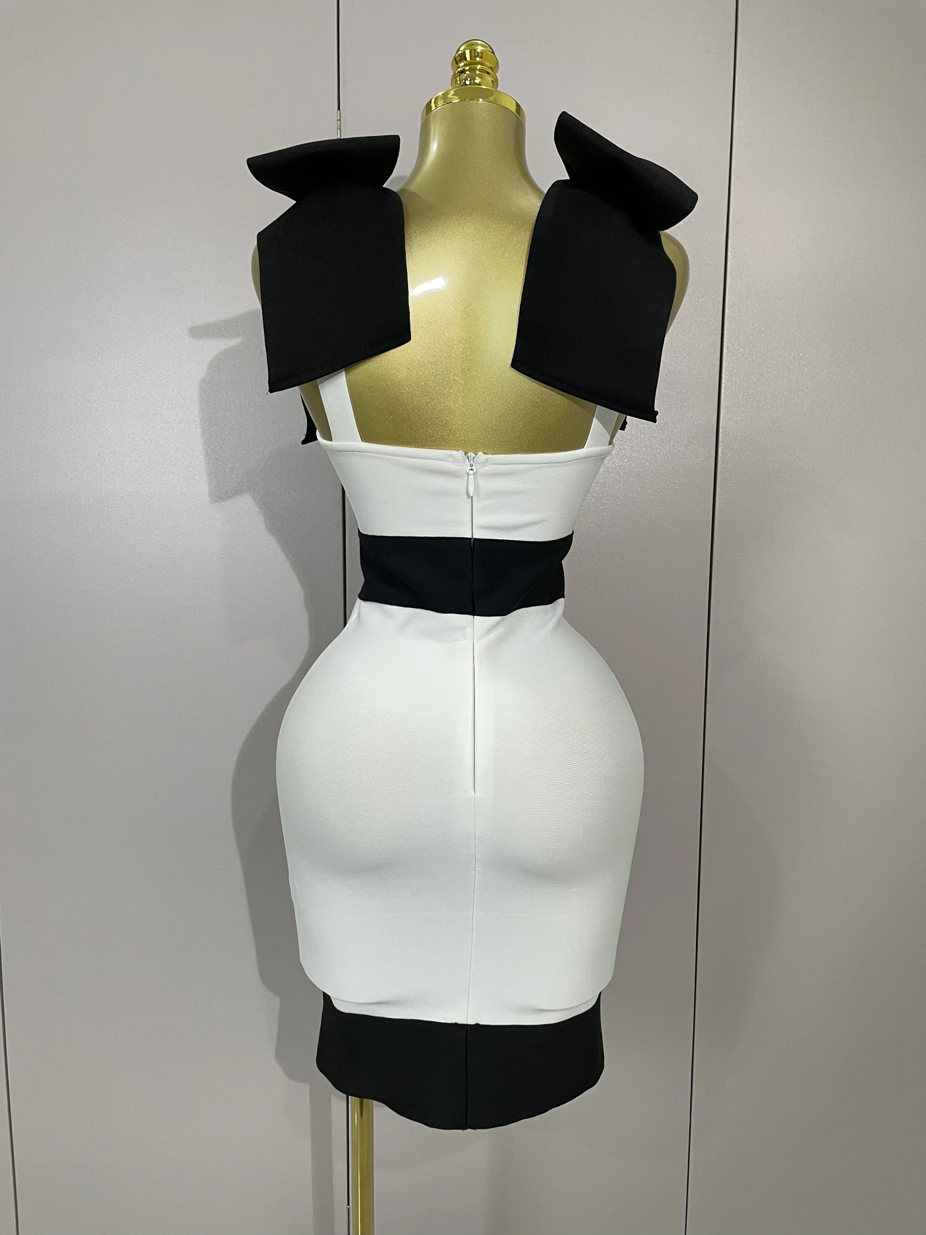 Sexy Bow Tie Black White Patchwork Bodycon Bandage Dress  Women Celebrity Elegant Evening Club Party Birthday Dresses