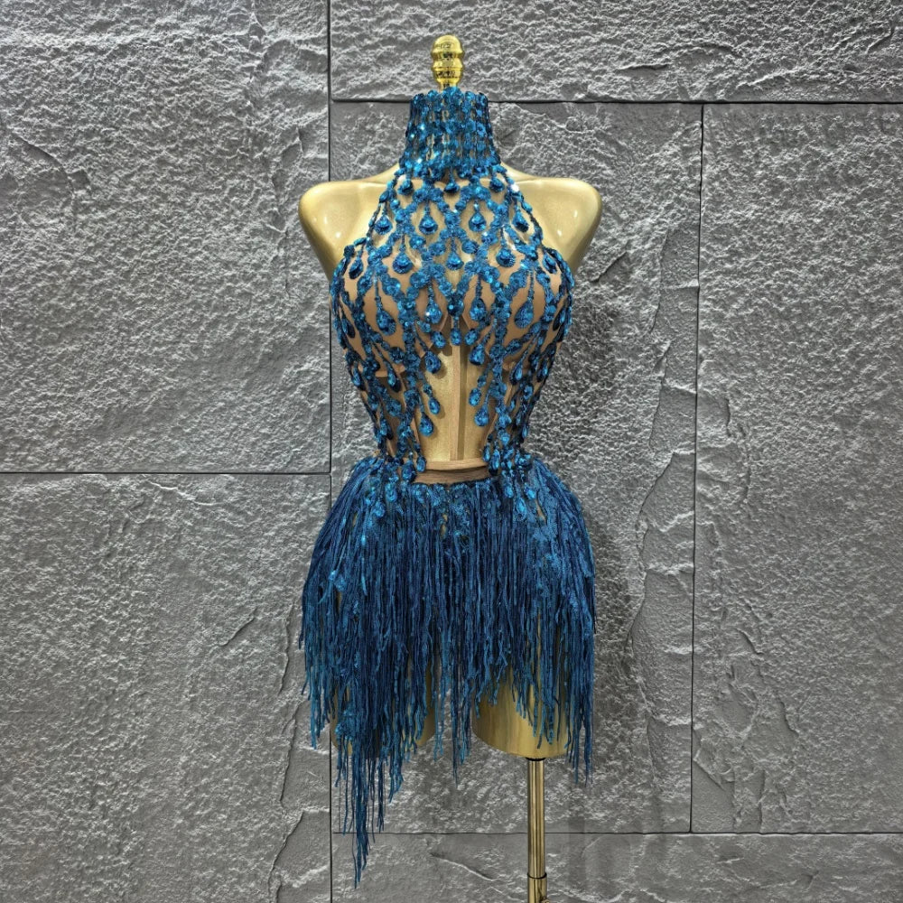Women Sexy Shinning Crystal Sequisn Tassels 2 Pieces Bodycon Mini Dress Nightclub Party Bar Dancer Performance Costume