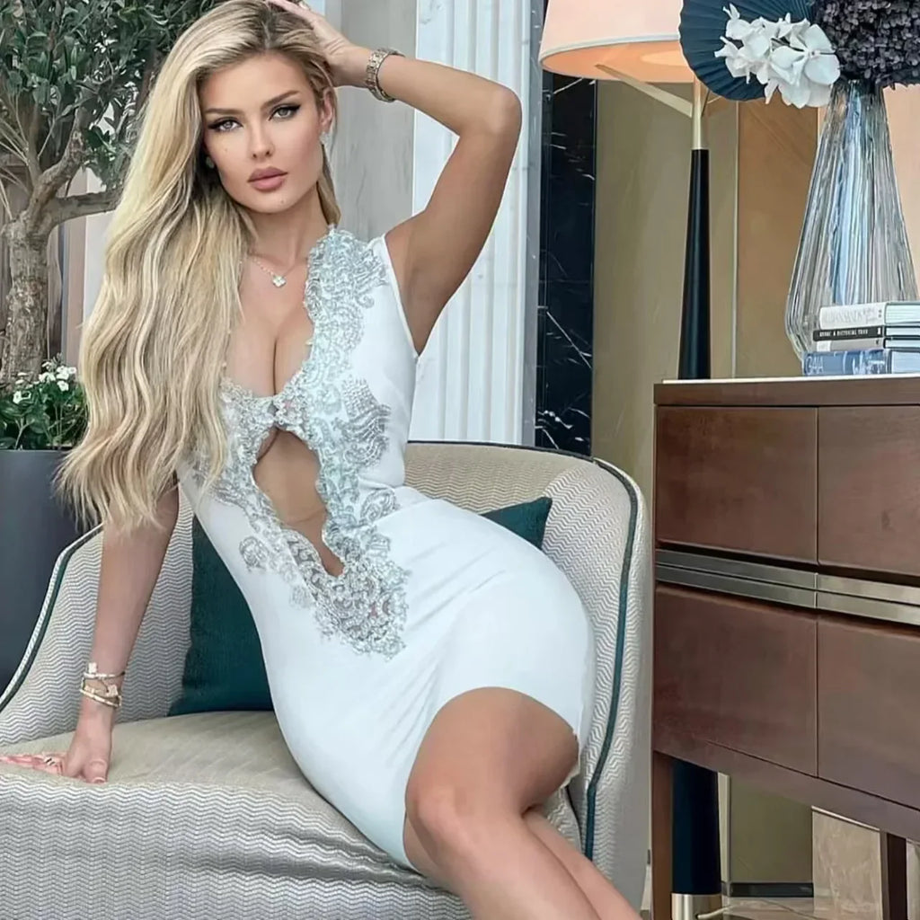 Women Sleeveless Sexy V-Neck Bodycon Bandage Mini Dress Fashion Nightclub Party Celebrate Outfit Vestido