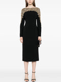 Luxury Black Red Color Women Long Sleeve Beading Handmake Slim Mid-calf Dress Elegant Evening Party Cocktail Outfit Vestido black