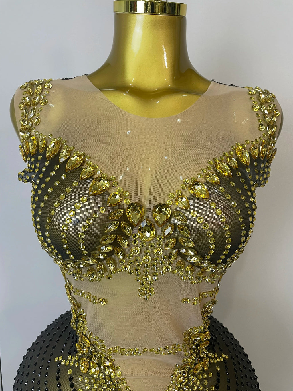 Sparkly Gold Rhinestone Transparent Sleeveless Mini Dress Evening Birthday Celebrate Party Nightclub Performance Costume