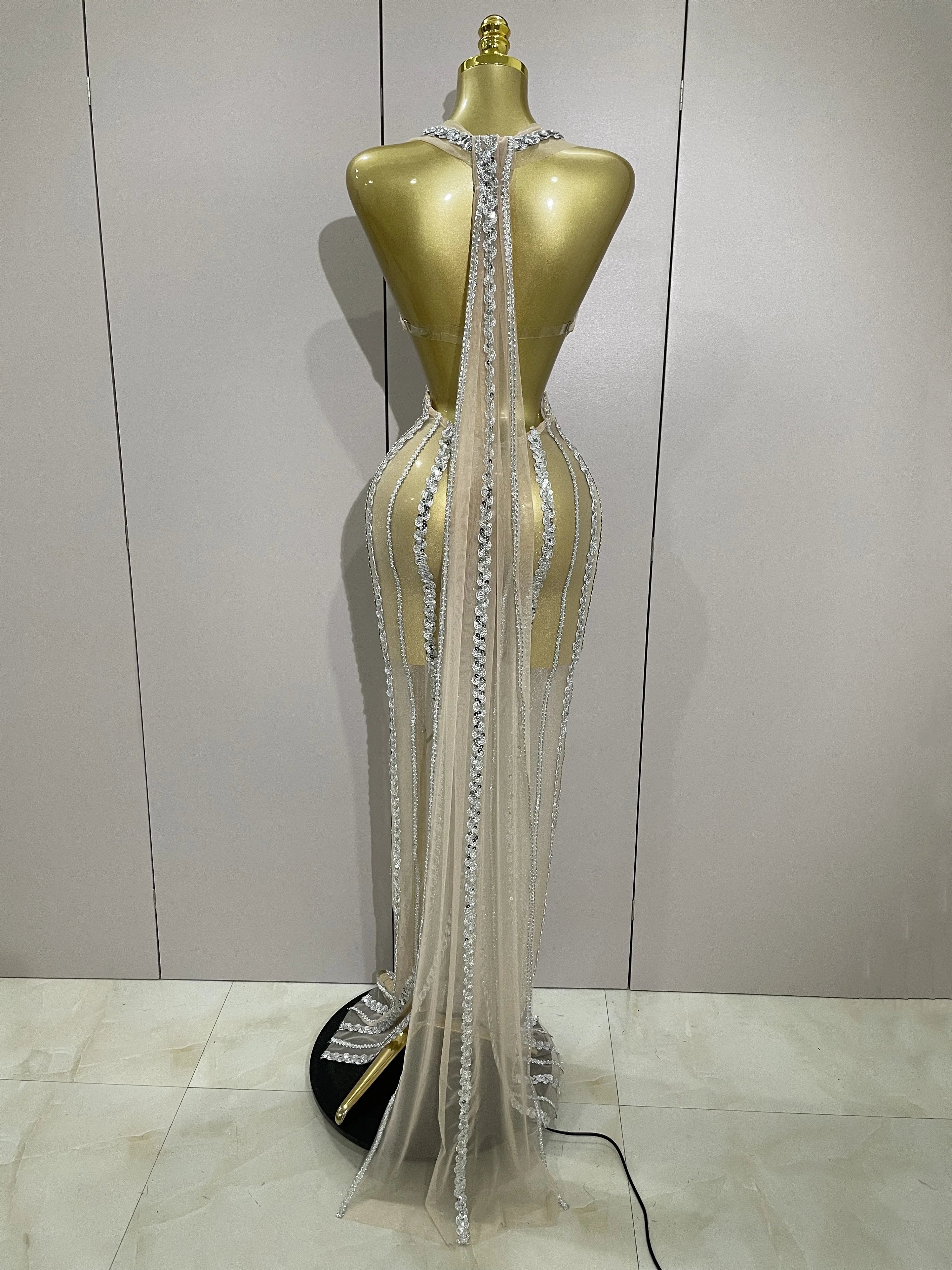 Luxury Sparkly Diamonds Sequins Sexy Mesh See Through Long Dress  Women Celebrate Birthday party Dresses Festival Costume