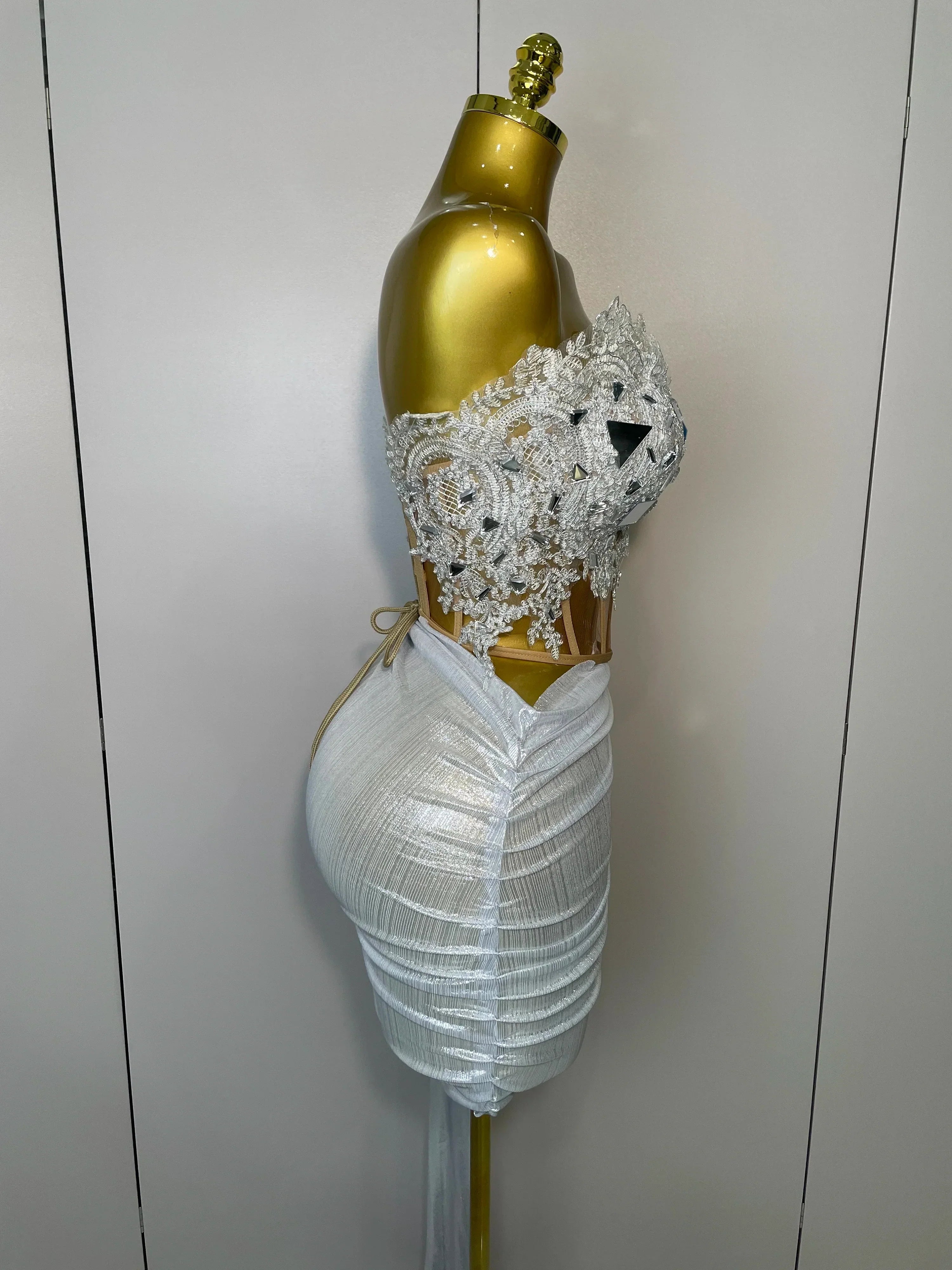 Sparkly Silver Sequins Sexy Strapless Short Dress 2Pcs Set Newest  Women Party Birthday Nightclub Singer Dancer Stage Wear