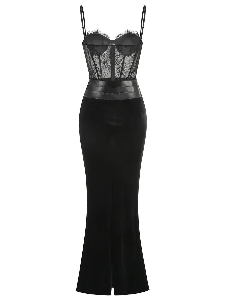 Black Women Sexy Strap Lace Fashion Bodycon Long Maxi Dress Celebrate Birthday Vacation Cocktail Outfit Vestido
