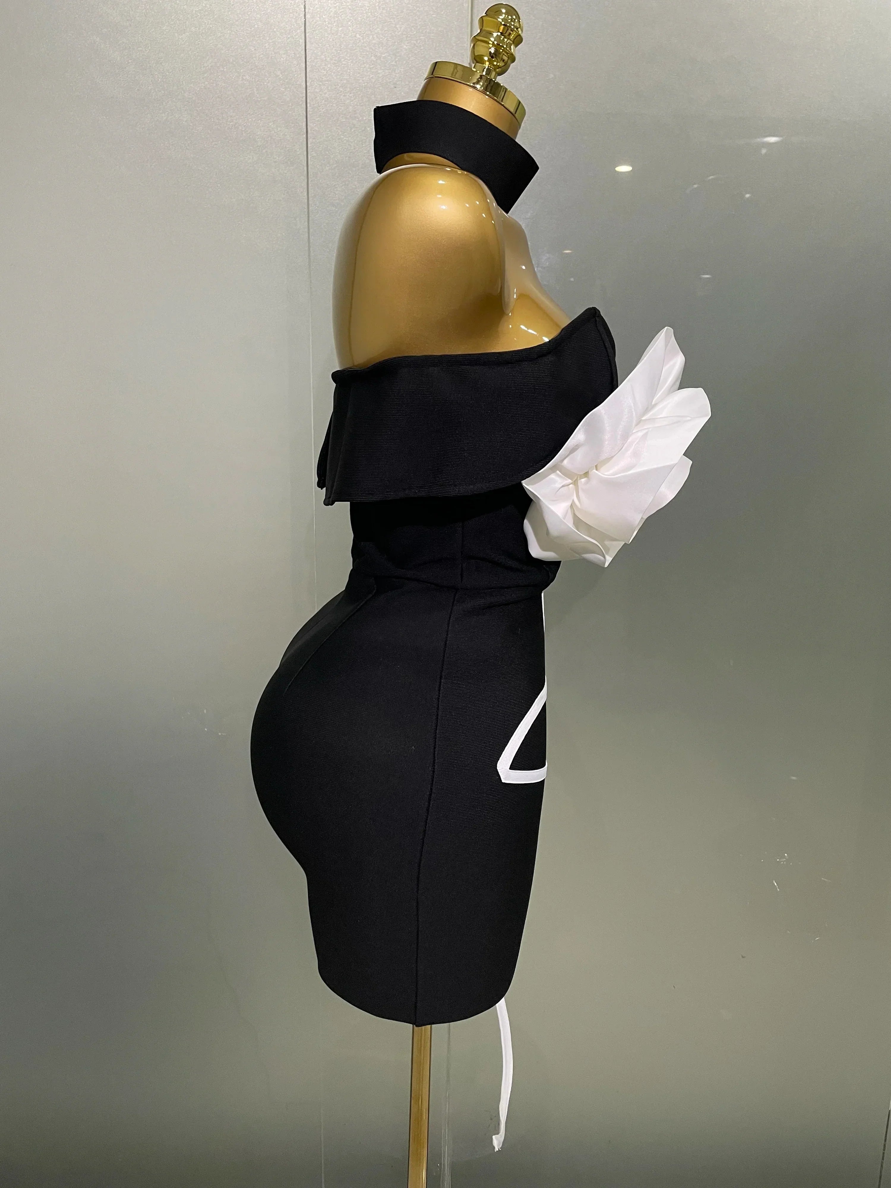 Women  Sexy Off Shoulder White Flower Black Mini Bodycon Bandage Dress Luxury Celebrity Evening Club Elegant Party Gowns