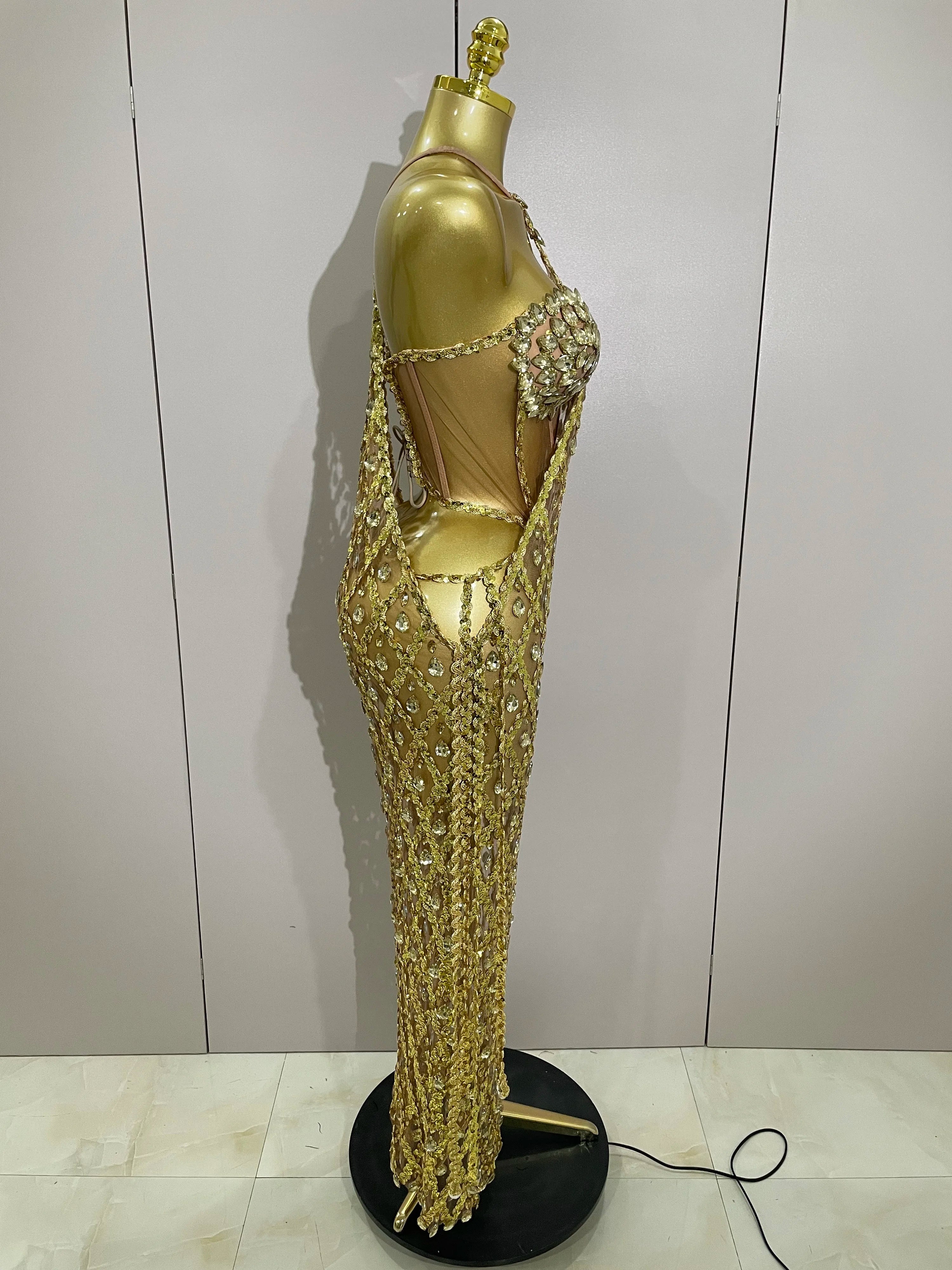 Sexy Sparkly Gold Rhinestones Sleeveless Mesh Two Piece Long Dress  Women Birthday Party Celebrate Prom Stage Costume